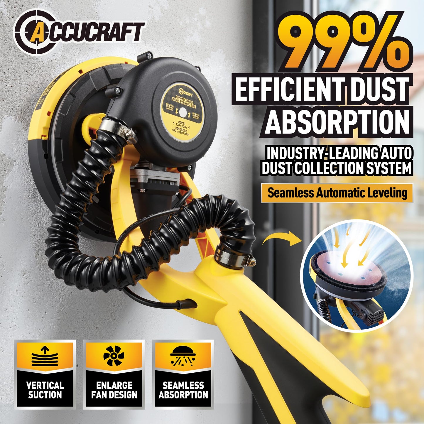 Drywall Sander, 800W Powerful Electric Drywall Sander with Vacuum, 99% Dust Absorption Dust-free Design, 7 Variable Speed 900-1800RPM, 26' Power Cord, LED Light, for Popcorn Ceiling etc