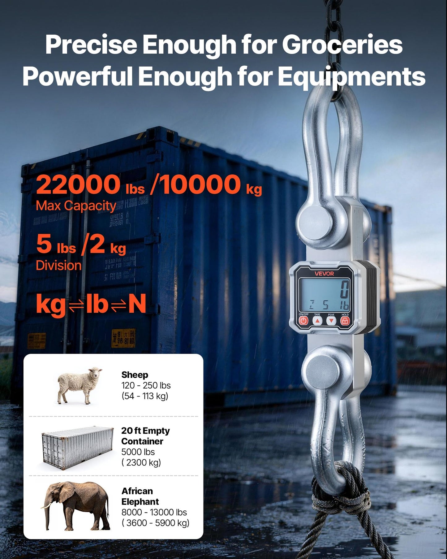 VEVOR Digital Crane Scale, 22000 lbs/10 T Max Capacity, Heavy Duty Industrial Hanging Scale with Cast Aluminum Case & LCD Display, 5 lbs Division & 3 Unit Switch, Remote Control for Garage Factory