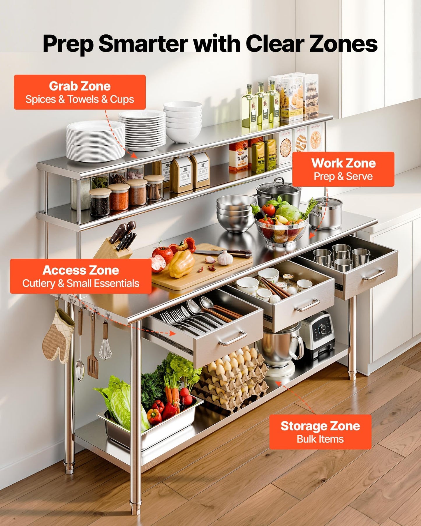 VEVOR Stainless Steel Work Table, 24x72 Inch Food Prep Table with Overshelves and 3 Drawers, Commercial Kitchen Workstation with Adjustable Undershelf, Metal Utility Worktable, for Restaurant Garage