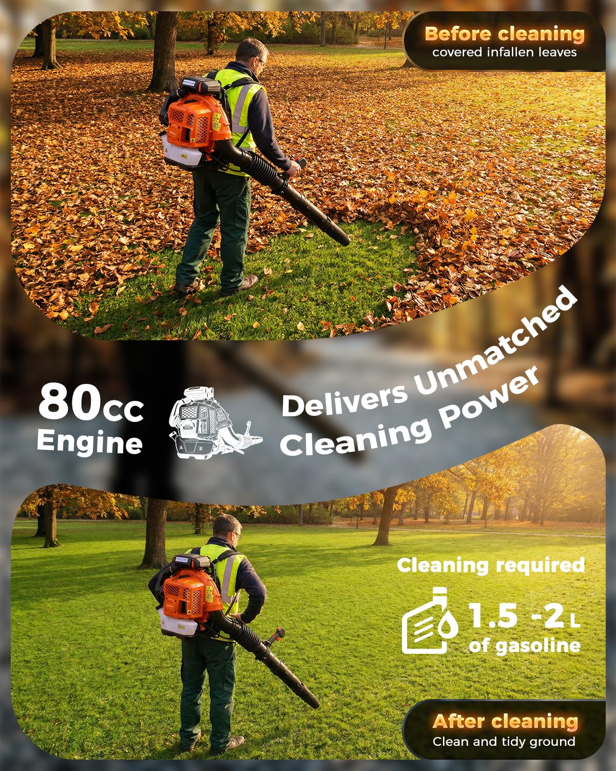 80cc Gas Backpack Leaf Blower, 900CFM 206MPH 2-Stroke Engine, Heavy-Duty Leaf & Snow Blower for Lawn, Garden & Commercial Use (Orange)
