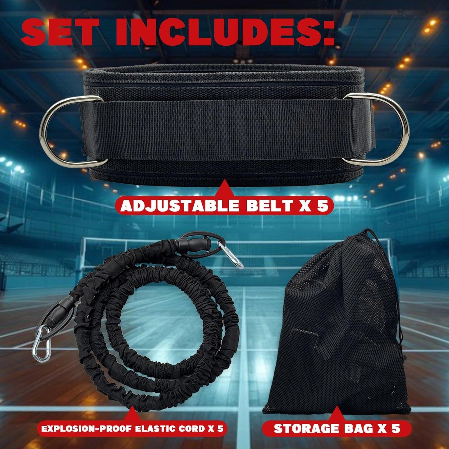 OKQX 5-Pack Zone Defense Resistance Band Kit, Basketball & Volleyball Agility Training Belt Kit – Resistance Band Speed & Coordination Trainer with Adjustable Waist Strap, Black