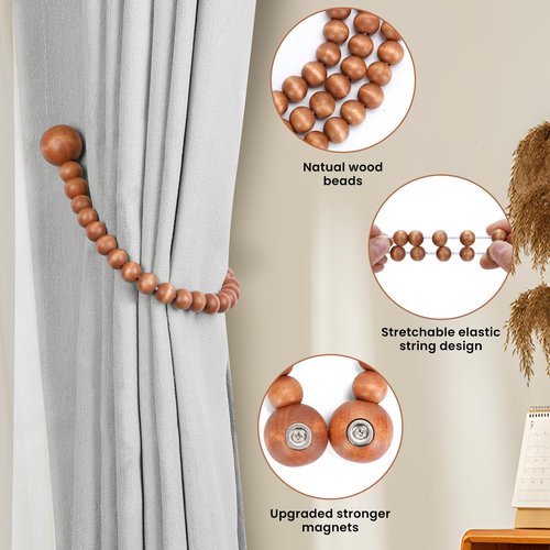 KLOGTSIND Magnetic Curtain Tiebacks, Curtain Tie Backs for Curtains 2 Pack, Wood Bead Curtain Tiebacks, Curtain Holders for Boho Bedroom Decor, Baby Nursery Decor, Farmhouse Decor