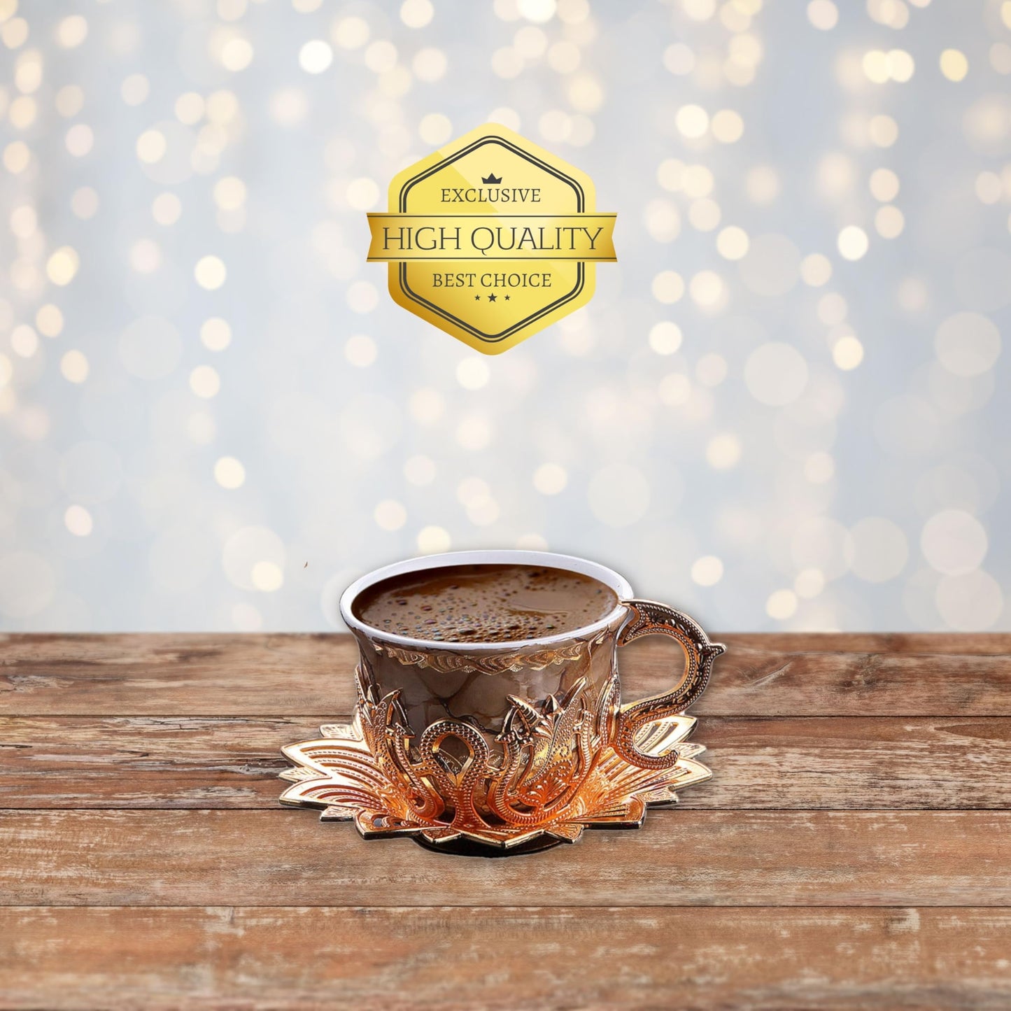 LaModaHome Ottoman Turkish Espresso Coffee Cups with Saucers and Holders Set of 6, Brown Marble Design, Porcelain Arabic, Greek Mini Coffee Mug, Handmade Vintage Gifts, Serving, Tableware - Gold
