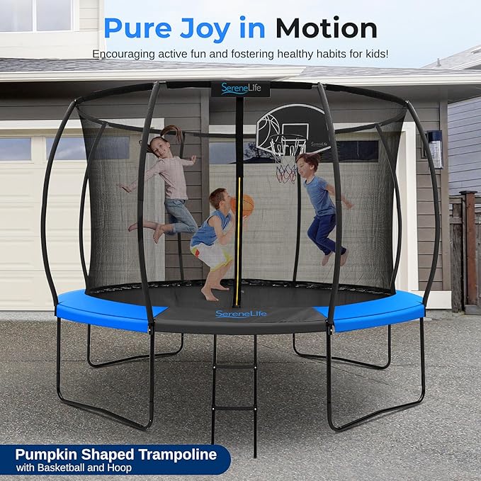 SereneLife 8FT 10FT 12FT 14FT Outdoor Trampoline for Kids - Recreational Backyard Trampoline with Curved Safety Poles, Net Enclosure, Ladder & Basketball Hoop - ASTM Approval for Kids Adults