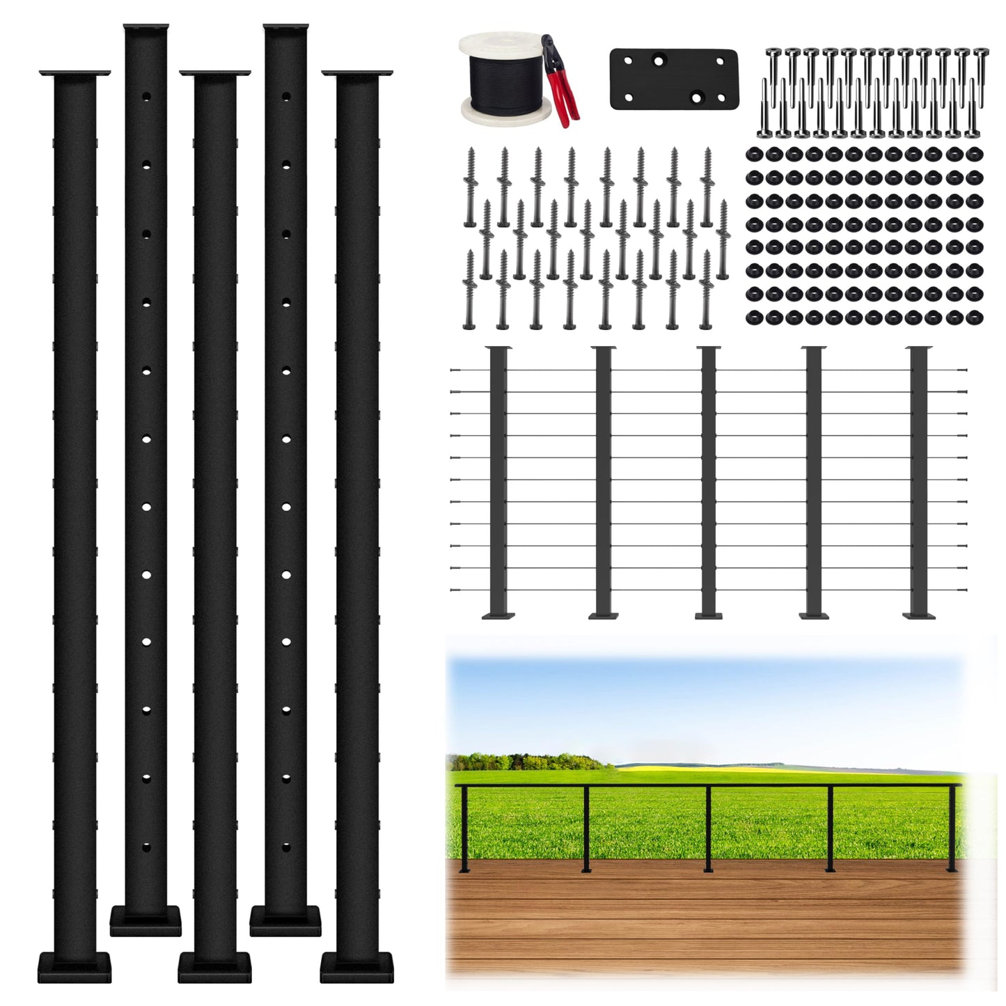 Patavin 20FT 42" Complete Black Cable Railing Post Kit 5 line Post Kit -Cable Railing System for Deck Easy DIY (No Handrail)
