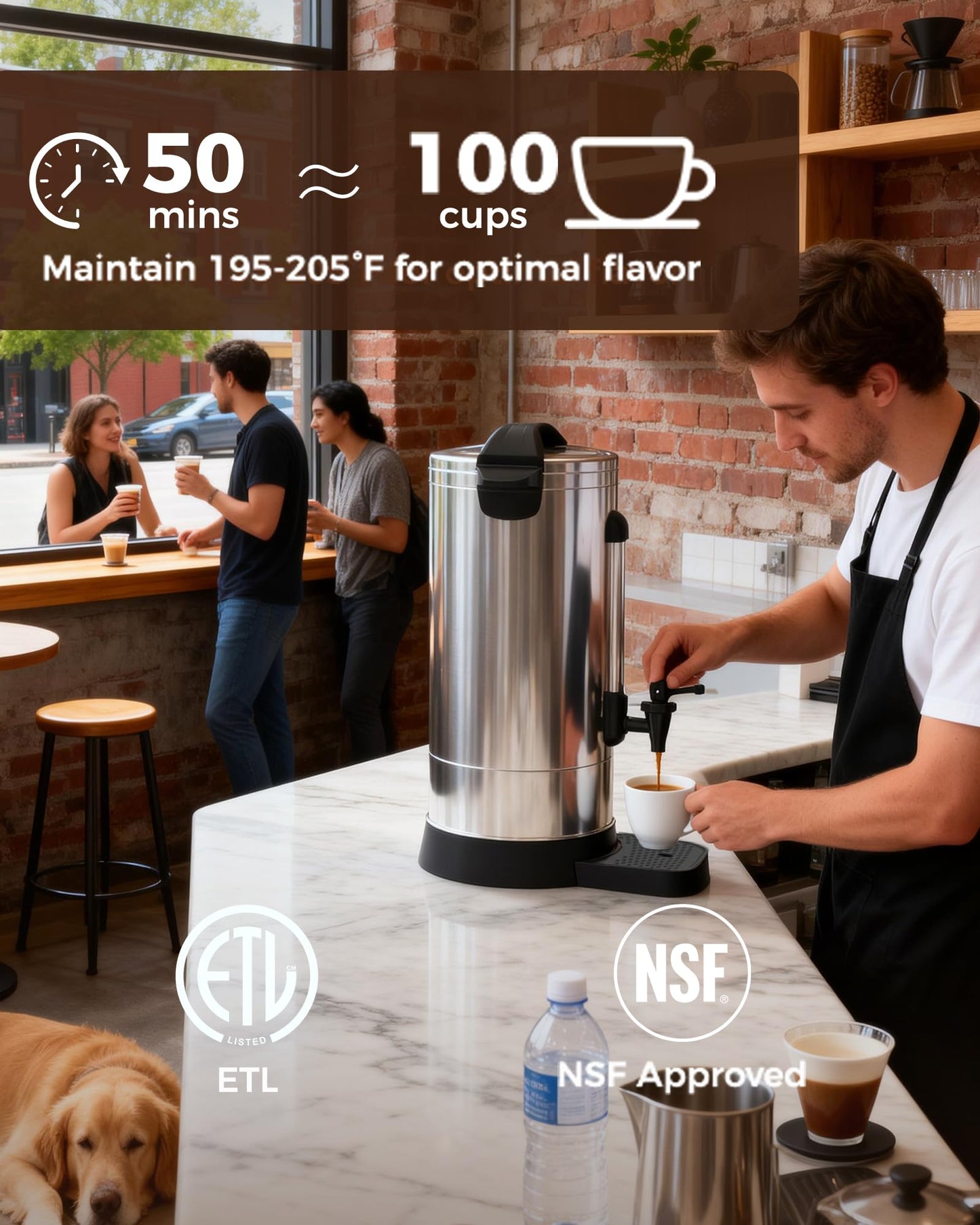 OSTBA 1500W Commercial Coffee Urn 100 Cup / 15L Large Percolator Coffee Pot, 304 Stainless Steel Double-Wall Hot Water Dispenser Electric Coffee Maker Fast Brewing for Catering, Parties & Events