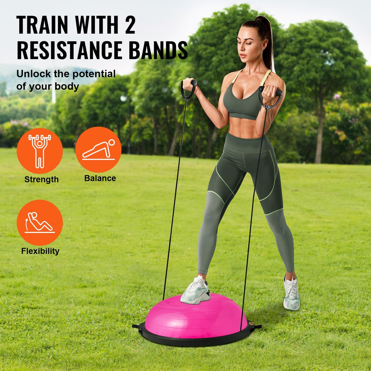 VEVOR 26-inch Half Exercise Ball Trainer, 1500 lbs Capacity Balance Ball, Includes Resistance Bands and Pump, Ideal for Full Body Workouts, Yoga, and Strength Training at Home Gym, Pink