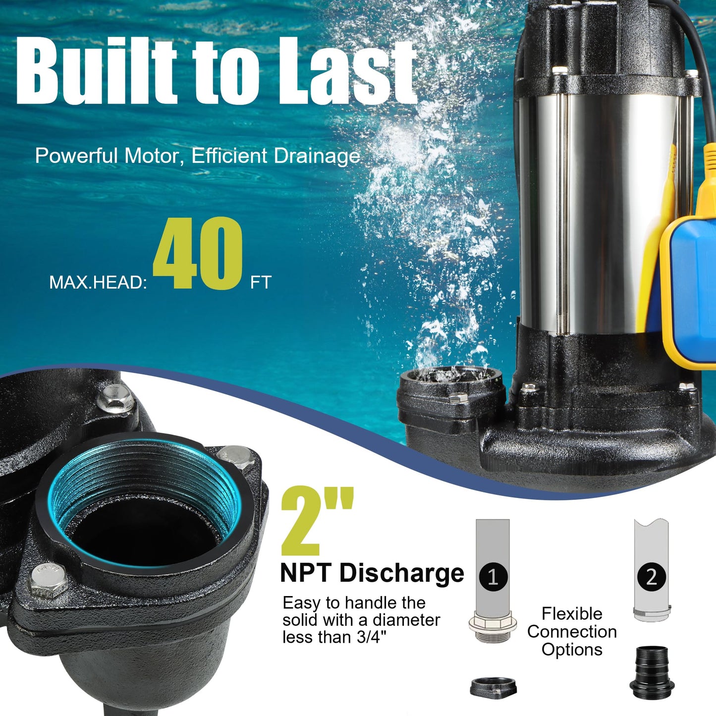 Sewage Grinder Pump, 1HP Submersible Sump Pump, 110V 6400GPH Stainless Steel Effluent Pumps with Automatic Float Switch, 2'' NPT Discharge for Basement, Sump Basin, Sewage Well