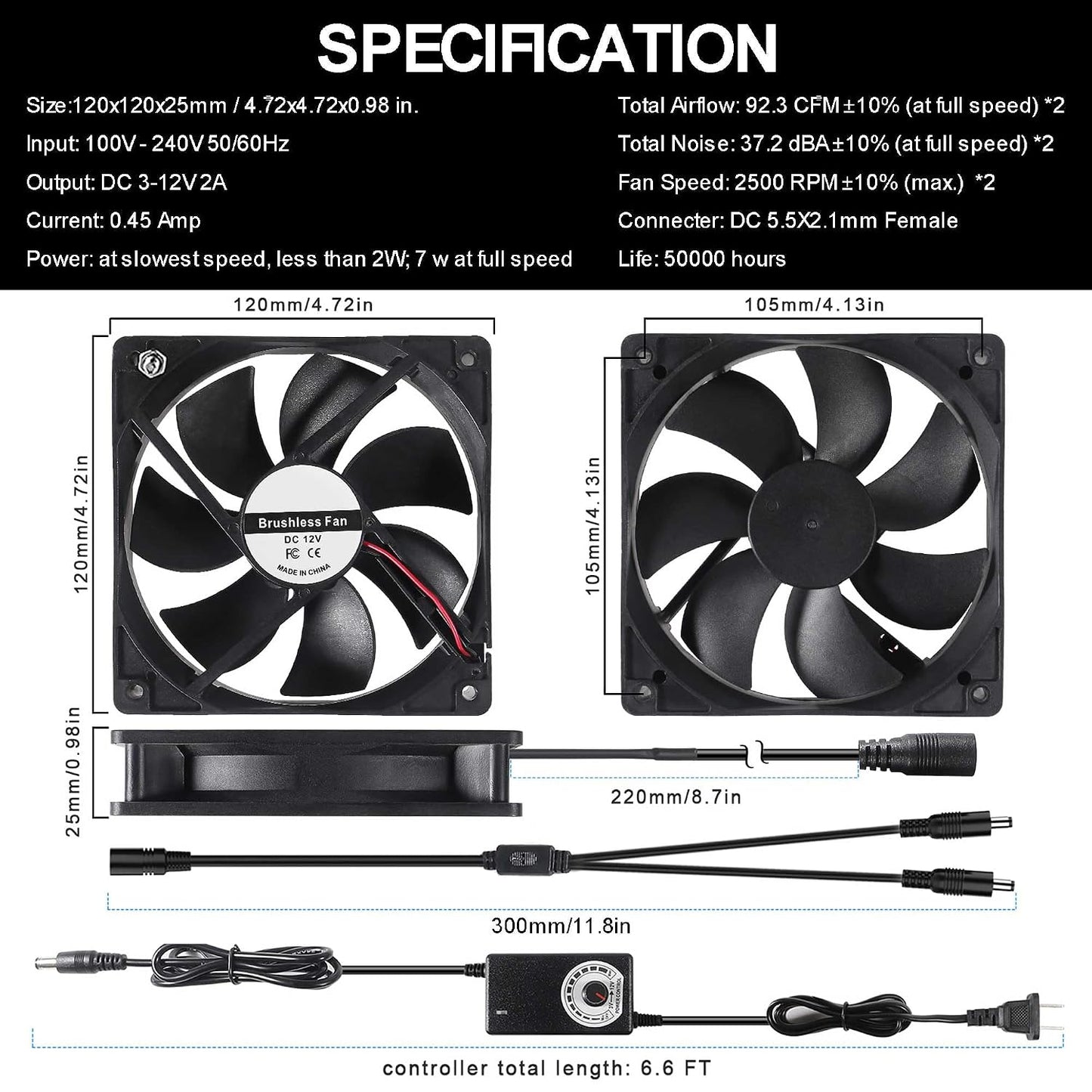 2 120mm 240mm 110V 220V 12V Big Airflow x Computer Case Fan with AC Plug Power Supply, Dual PC Cooling Fan with Speed