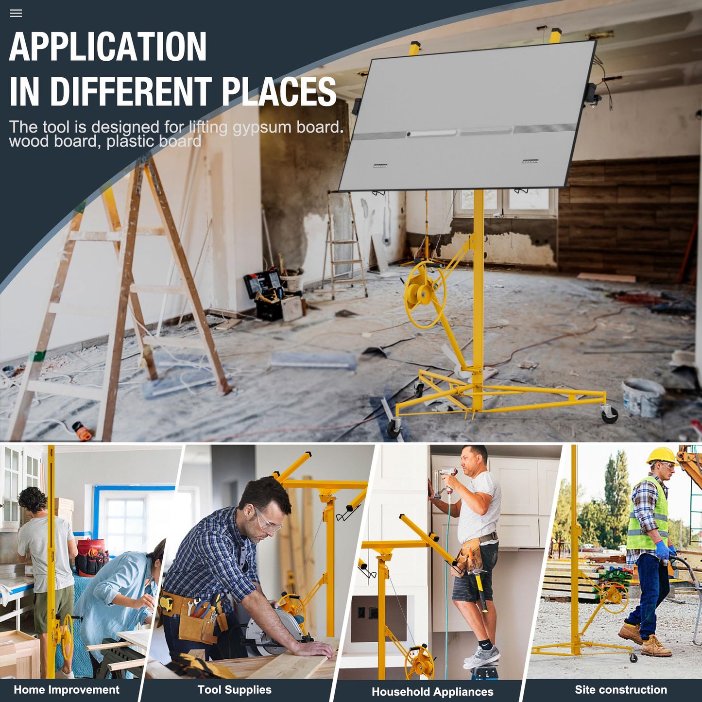 Drywall Lift 16 Ft,Sheetrock Lift Drywall Lifter,150LBS Heavy Duty Rolling Lifter Panel,Hoist Jack with 360° Adjustable Telescopic Arm & 3 Lockable Wheels (16 Ft Yellow) (16FT Yellow)