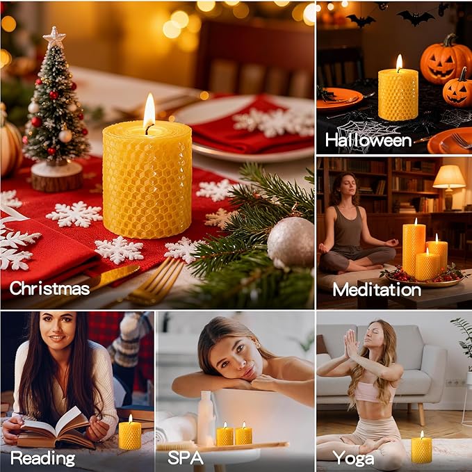 Hand-Rolled Beeswax Candles,2.8x3in-3PCS,All Natural Honeycomb Beeswax Pillar Candles,72 Hours Long Burning Bees Wax Candles for Home,Dripless Smokeless Unscented Honeycomb Pillar Candle