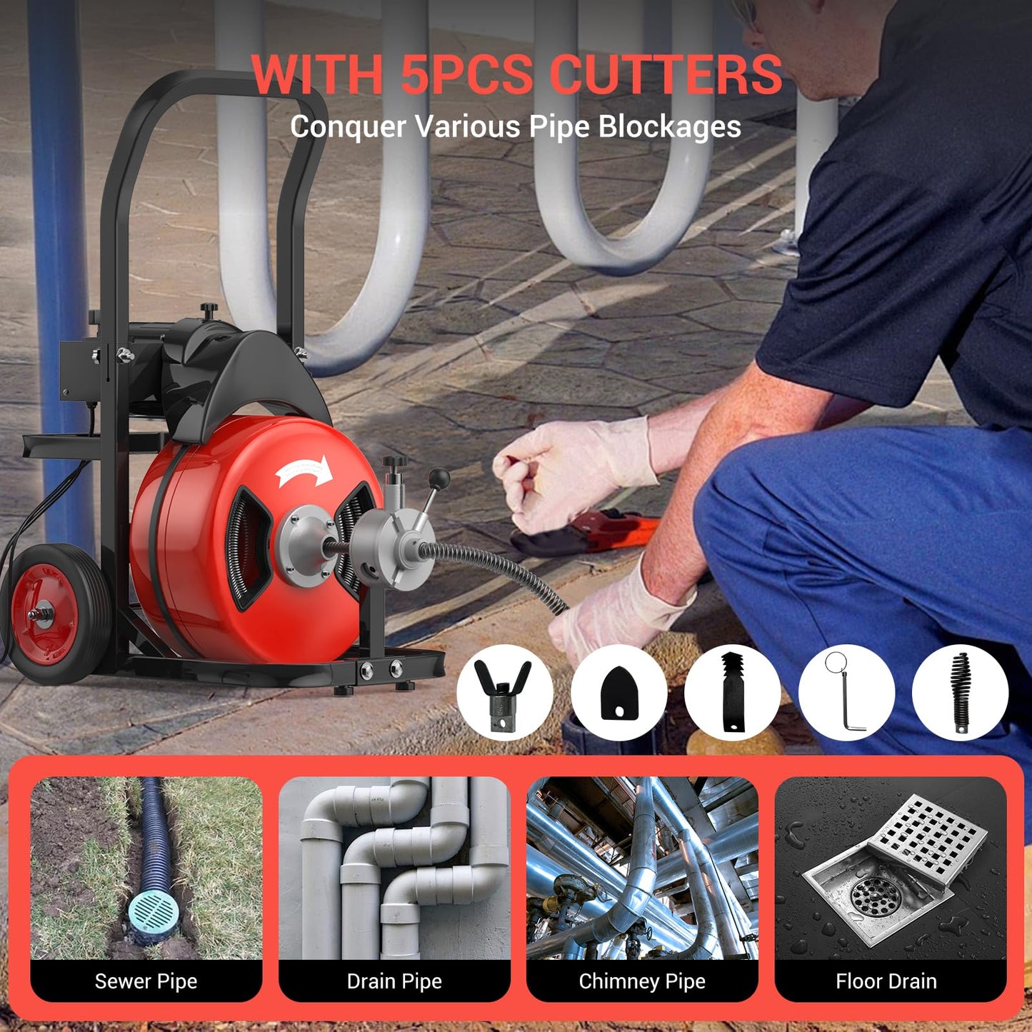 100Ft 3/4 Inch Electric Drain Cleaner Machine, 750W Auto Feed Sewer Snake Drain Auger with 6 Cutters & Air-Activated Foot Switch, Portable Electric Drain Cleaner for 4" to 8" Pipes