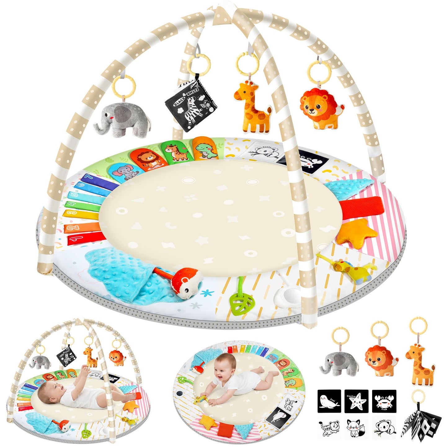 URMYWO Tummy Time Mat - Comfortable Baby Floor Play Mat Activity Gym for 0-3-6-18 Months, 6 Developmental Zones with 5 Detachable Toys for Motor Skills Sensory Development, Baby Essentials Shower Gift