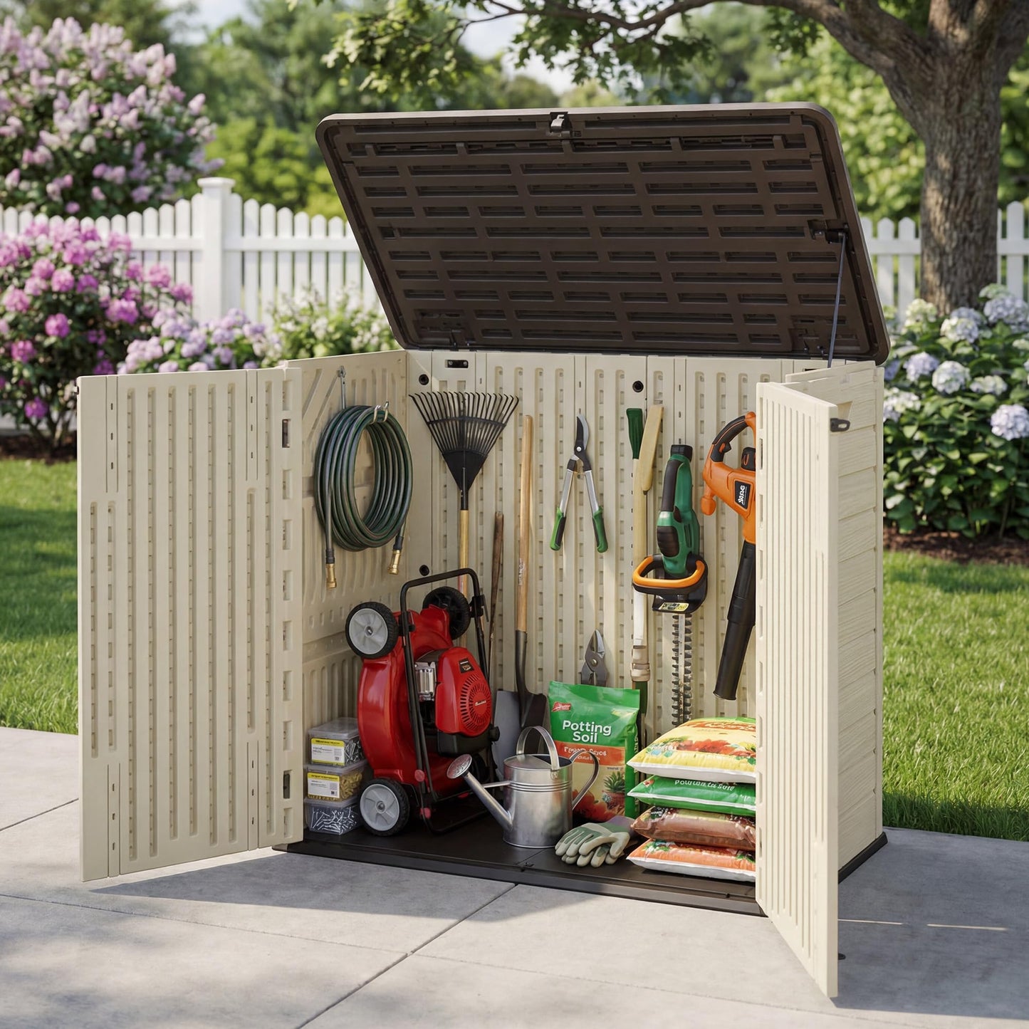 Allpop Outdoor Storage Shed, 31 Cu.Ft Resin Horizontal Storage Cabinet for Trash Cans, Patio & Garden, Khaki