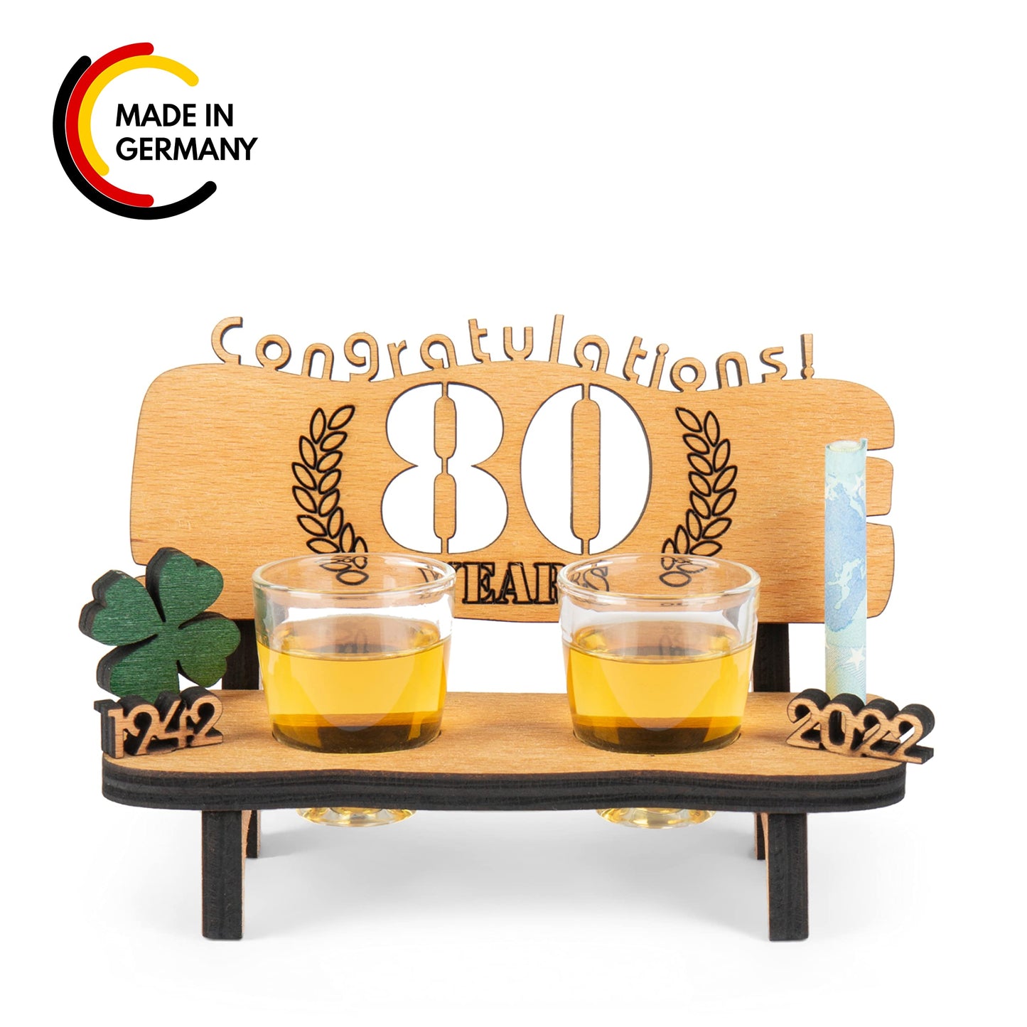 Brynnberg Wooden Bench with Shot Glasses - 80 Engraved (Years Available 10-90) - Original, Funny and Emotional Gift for Wedding, Anniversary or Birthday - 2 Shot Glasses and Wood Four-Leaf Clover