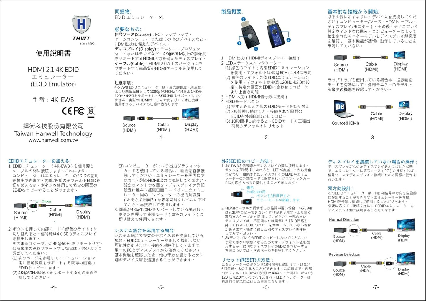 THWT 2.1 4K 4K-EWB), Pre-Set 4K@60Hz 4:4:4 4K@120Hz 4:2:0 2.1 HDMI EDID Emulator (Model: Supports SCDC and EDID Copying