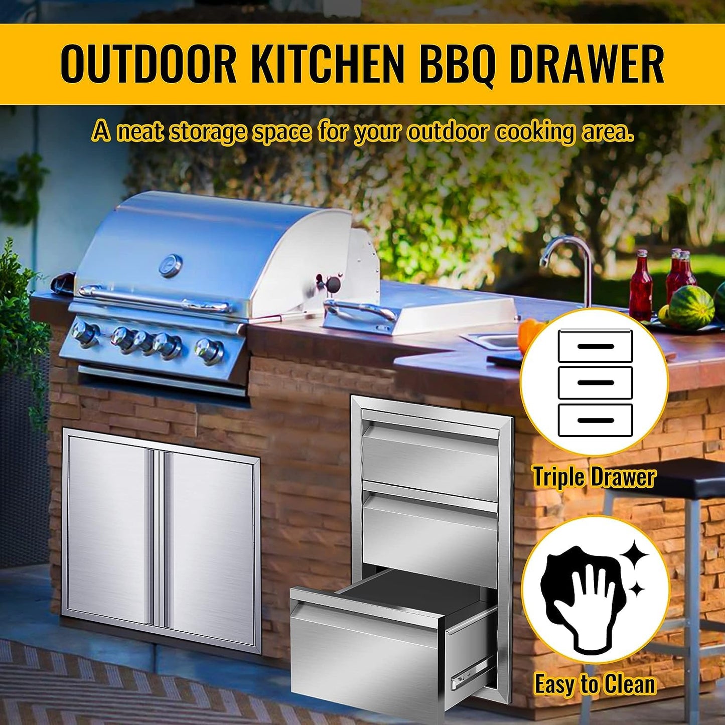 KODOM 17W x 30H x 21D Inch Outdoor Kitchen Drawers, Flush Mount Access BBQ Drawers, BBQ Island Drawers for Outdoor Kitchens or BBQ Island Patio Grill Station