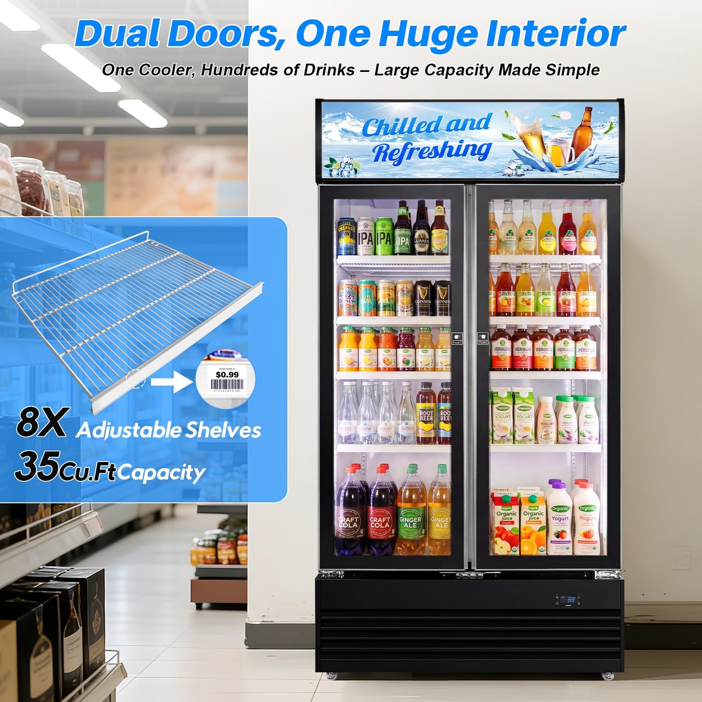 Velivi Commercial Display Beverage Fridge, 40″ Double Glass Door Refrigerator, 28.1 Cu.Ft Large Capacity with 8 Adjustable Shelves, Upright Cooler for Shop, Bar & Restaurant