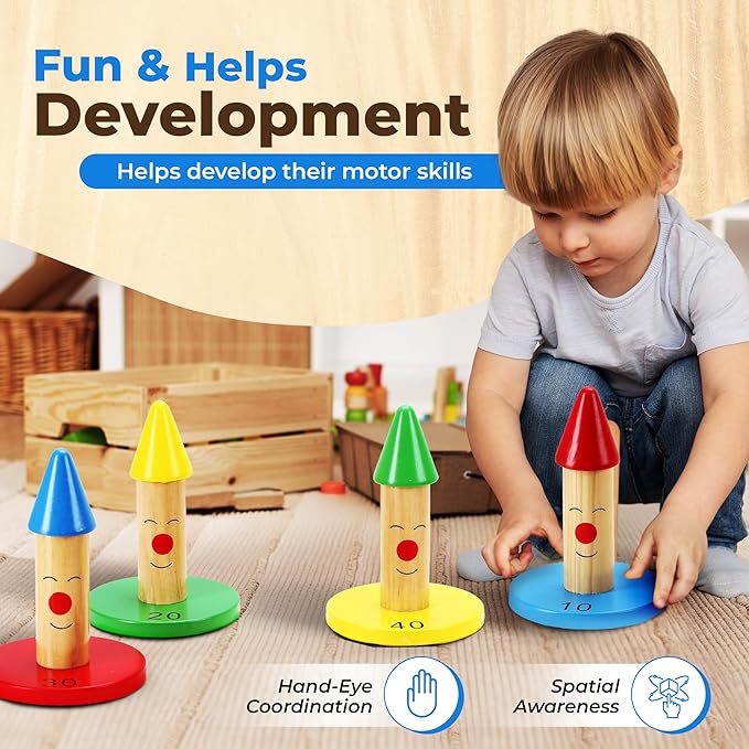 Ring Toss Game for Kids | 8 Pieces Wooden Ring Toss Game Set | Indoor & Outdoor Fun for Toddler and Kids 3+ by OWT