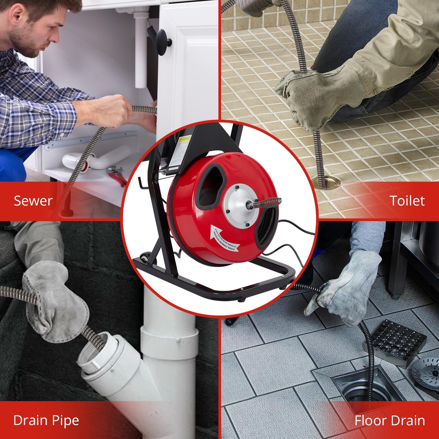 50FT x 1/2Inch Electric Drain Cleaning Machin, Auto Feed Portable Sewer Snake, Semi-Enclosed Drum, Sewer Snake Electric Drain Auger Cleaner with 4 Cutters & Air-Foot Switch for 1"-4" Pipes
