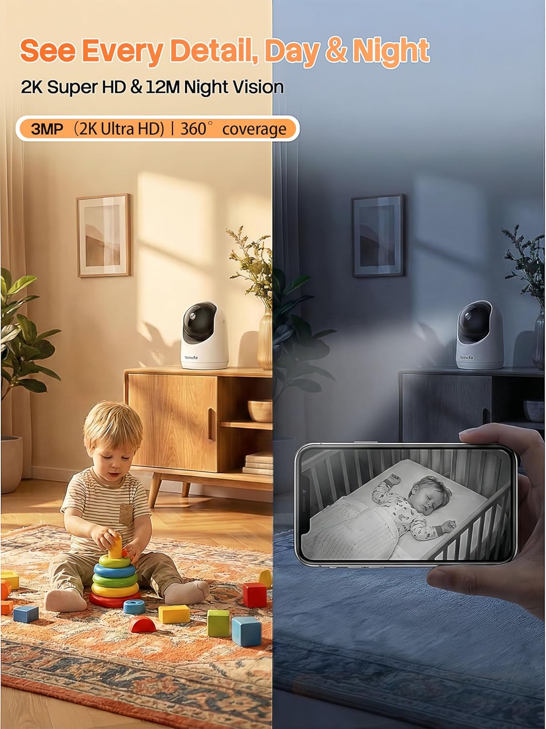 Tenda 2K 6 360 2-Way 24/7 Storage(CP3-V3.0) Indoor Security Camera for Baby Monitor, WiFi Pet/Dog Camera for Home