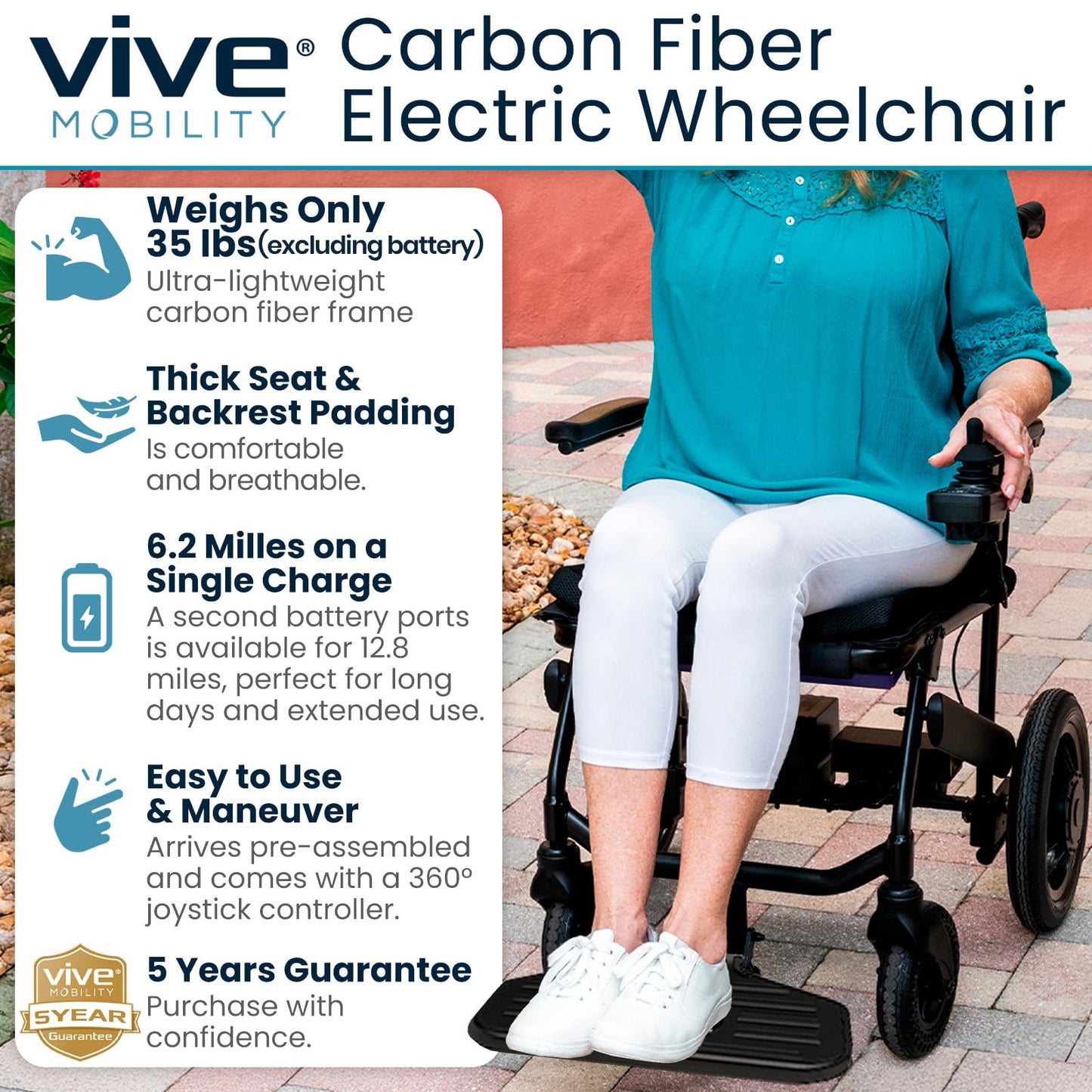 Vive Lightweight Electric Wheelchair for Adults - 39 lbs Carbon Fiber Foldable Power Chair Portable Motorized Mobility Aid for Seniors - Travel Friendly Durable Compact Collapsible Frame, Easy Storage