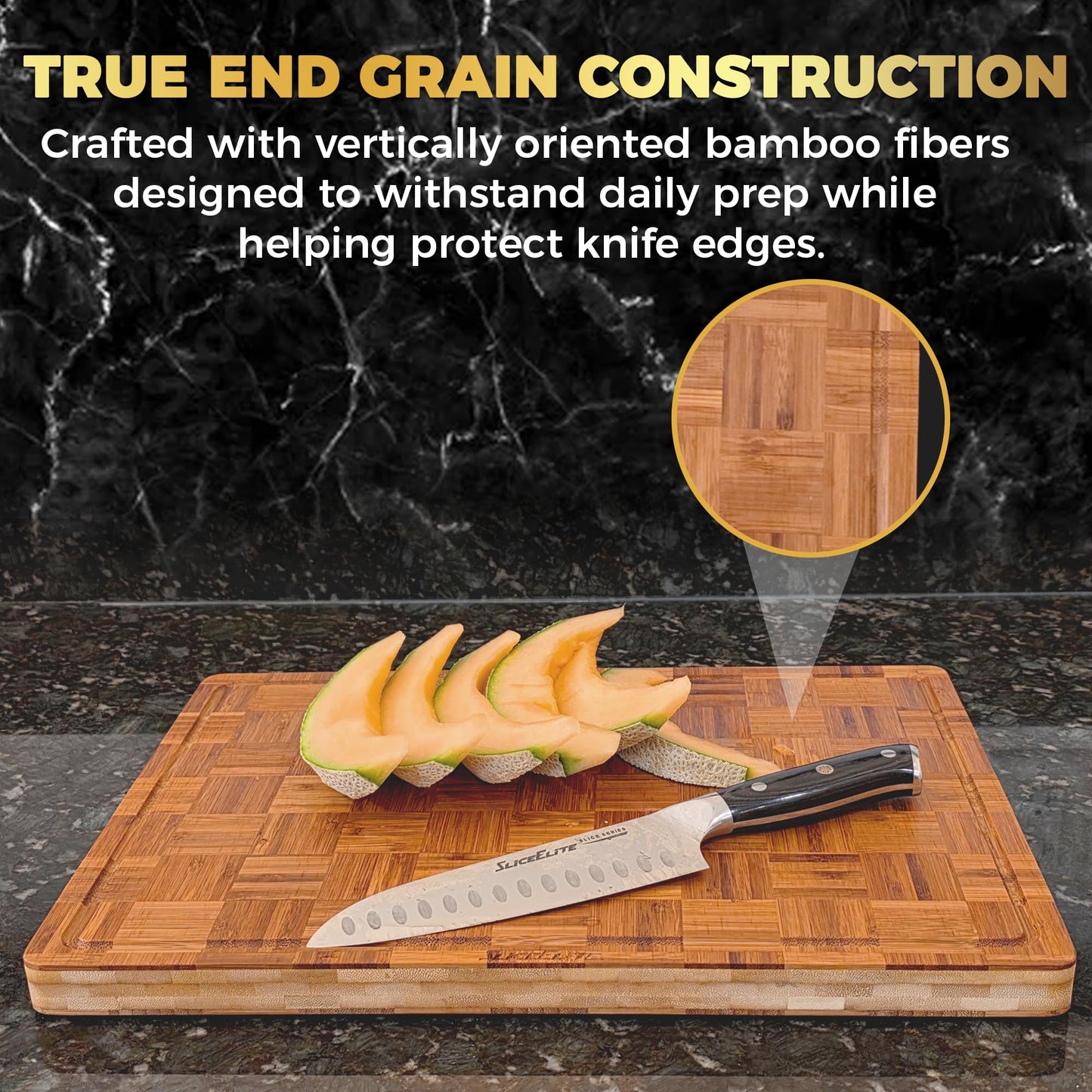SliceElite Extra Large Bamboo Cutting Board Set 3 Piece End Grain Wooden Chopping Boards with Holder Non Slip Feet Juice Groove XL Butcher Block Style Boards for Kitchen Carving and Serving