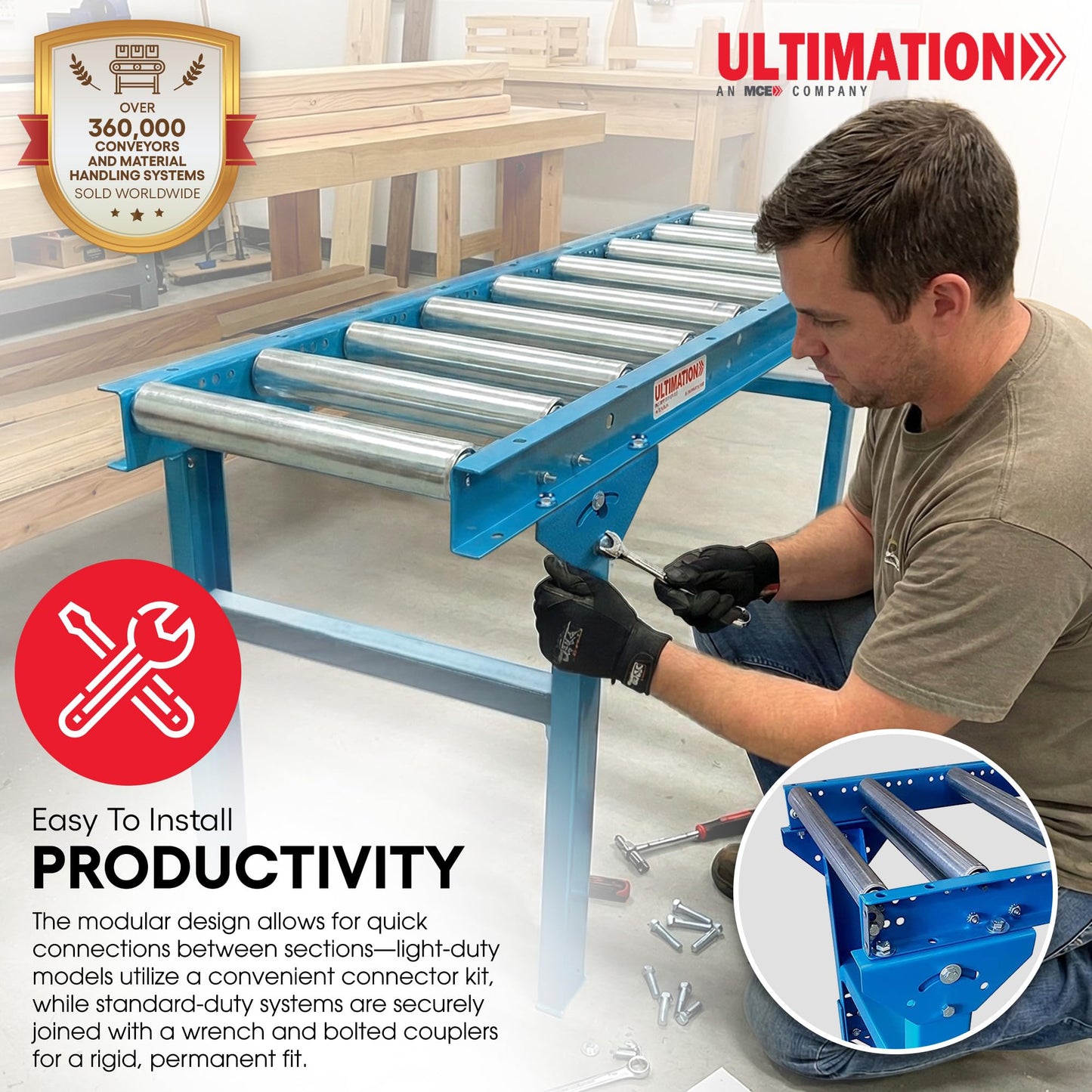Light-Duty Gravity Conveyor with 1.5" Dia Galvanized Steel Rollers, 12" Wide, 5' Long Steel Frame on 6" Centers, Ideal for Distribution/Assembly Areas Such As Table, Ladder, Bed, Boat - Ultimation