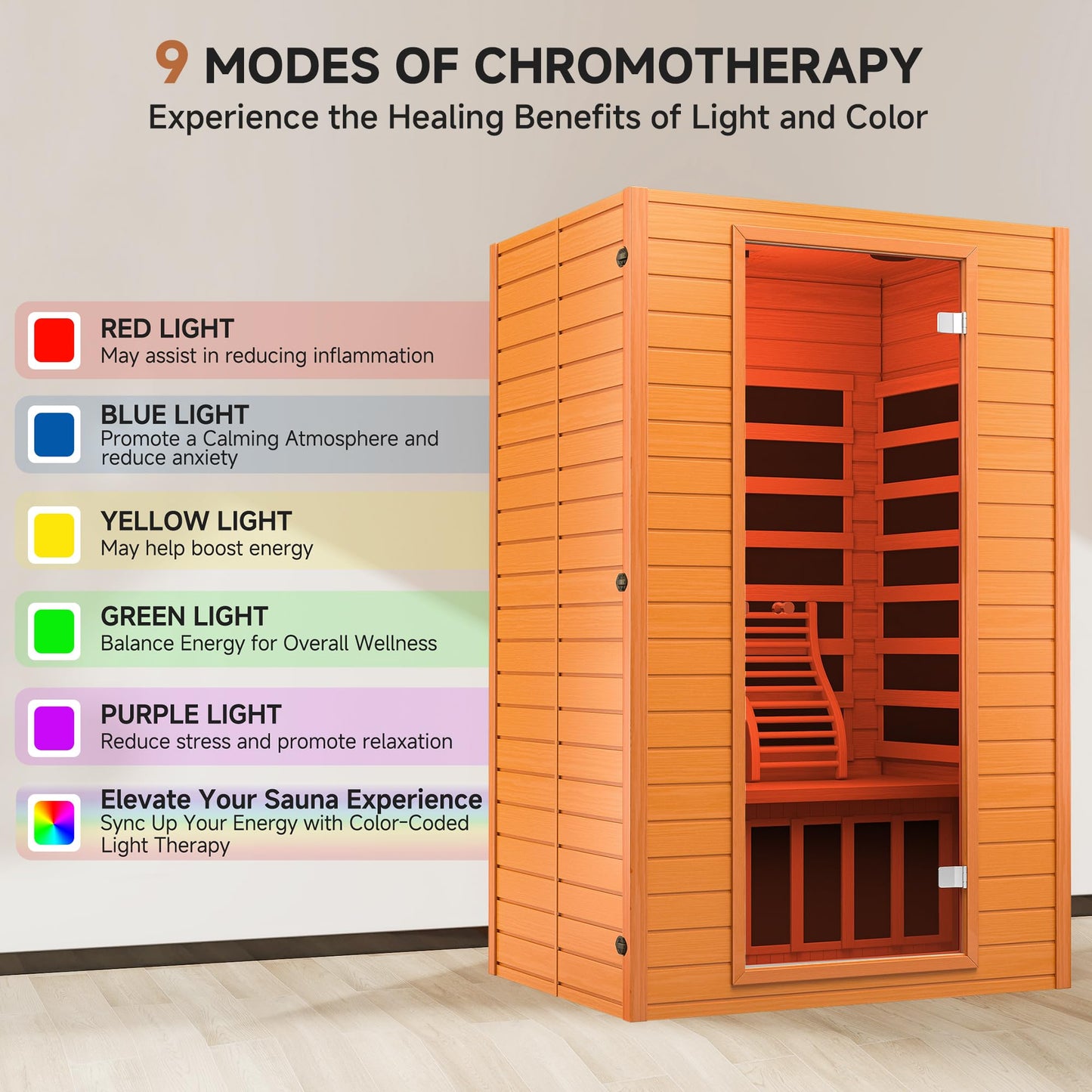 springspa Far Infrared Sauna for Home, Home Indoor Infrared Sauna for 2-Person, Canadian Hemlock Wood Sauna Room with Low Emf Red Light Therapy, 9 Chromotherapy Lights, Bluetooth Speakers
