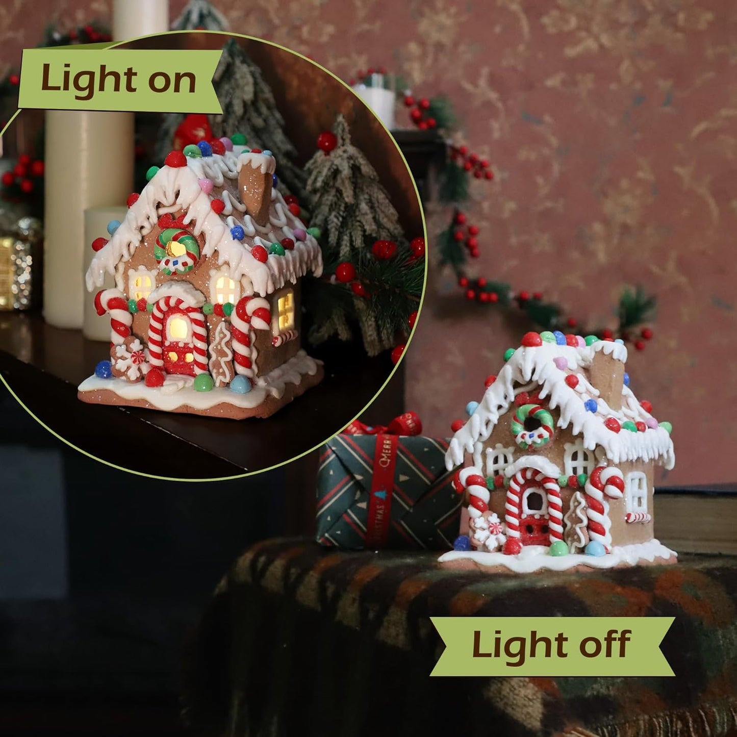 Skiennix Gingerbread House Decoration - Battery-Operated Light-Up Christmas Village Figurine | Handmade (Style 2)