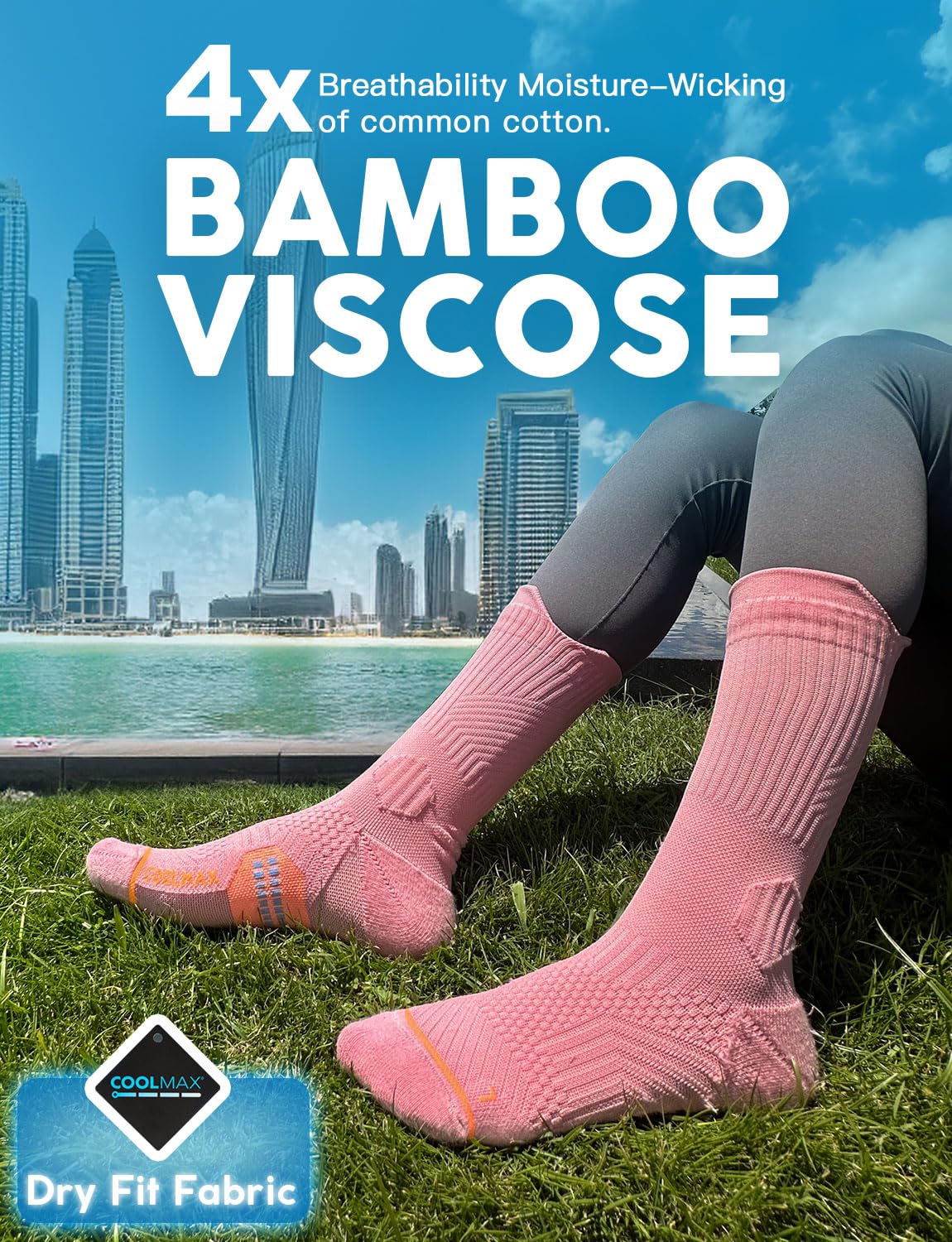 Juclise Bamboo Viscose Compression Running Crew Socks, Coolmax Moisture-Wicking Anti-Blister Hiking&Gym Athletic Socks (US, Alpha, Large, Regular, Regular, Sandy Melon+Watermelon+Dusty Pink)
