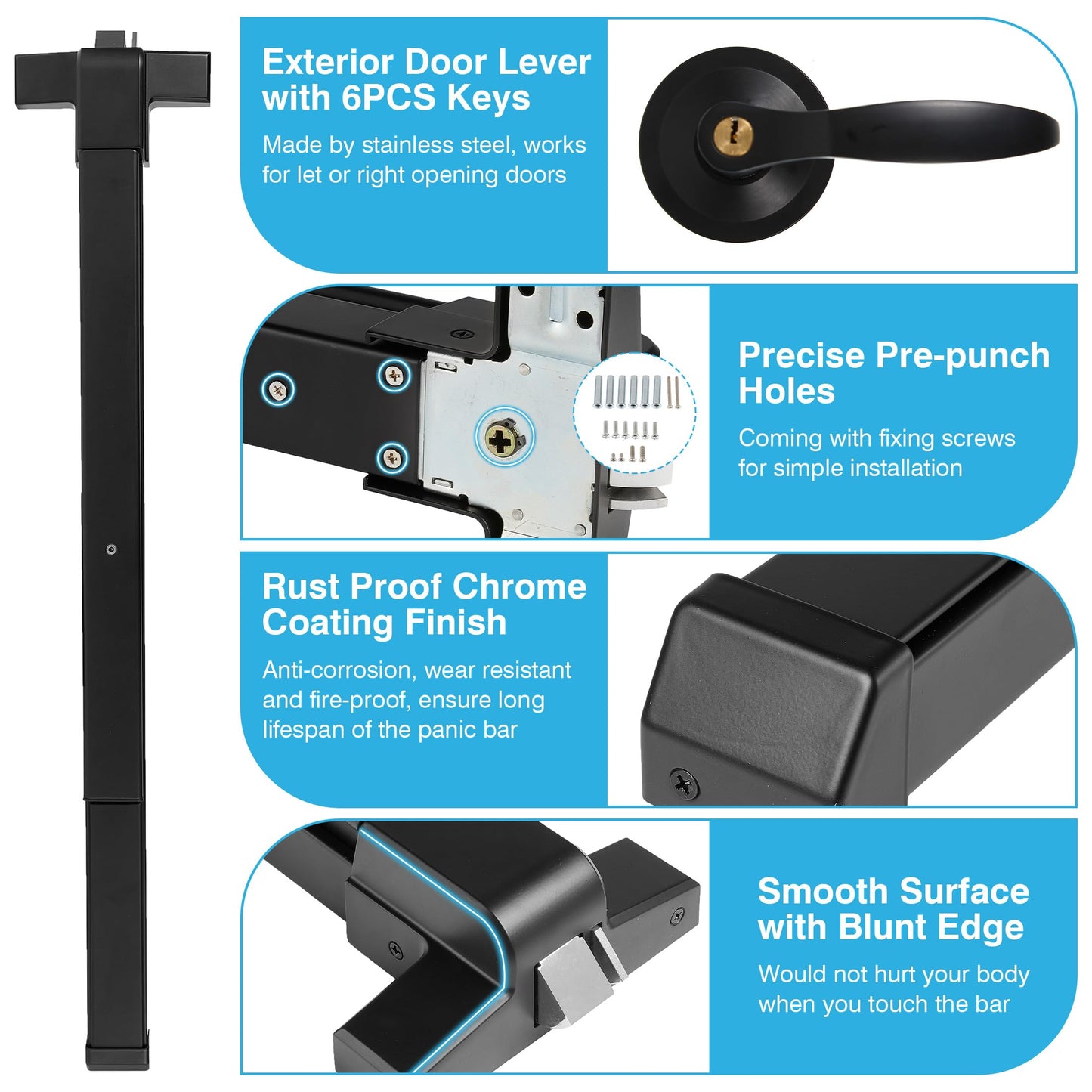 IRONWALLS Door Push Bar Panic Exit Device Stainless Steel with Handle Lever, Black 32” Commercial Push Panic Bars for Emergency Exit Doors, Heavy Duty Panic Hardware for 32”-47” Wooden/Metal Door