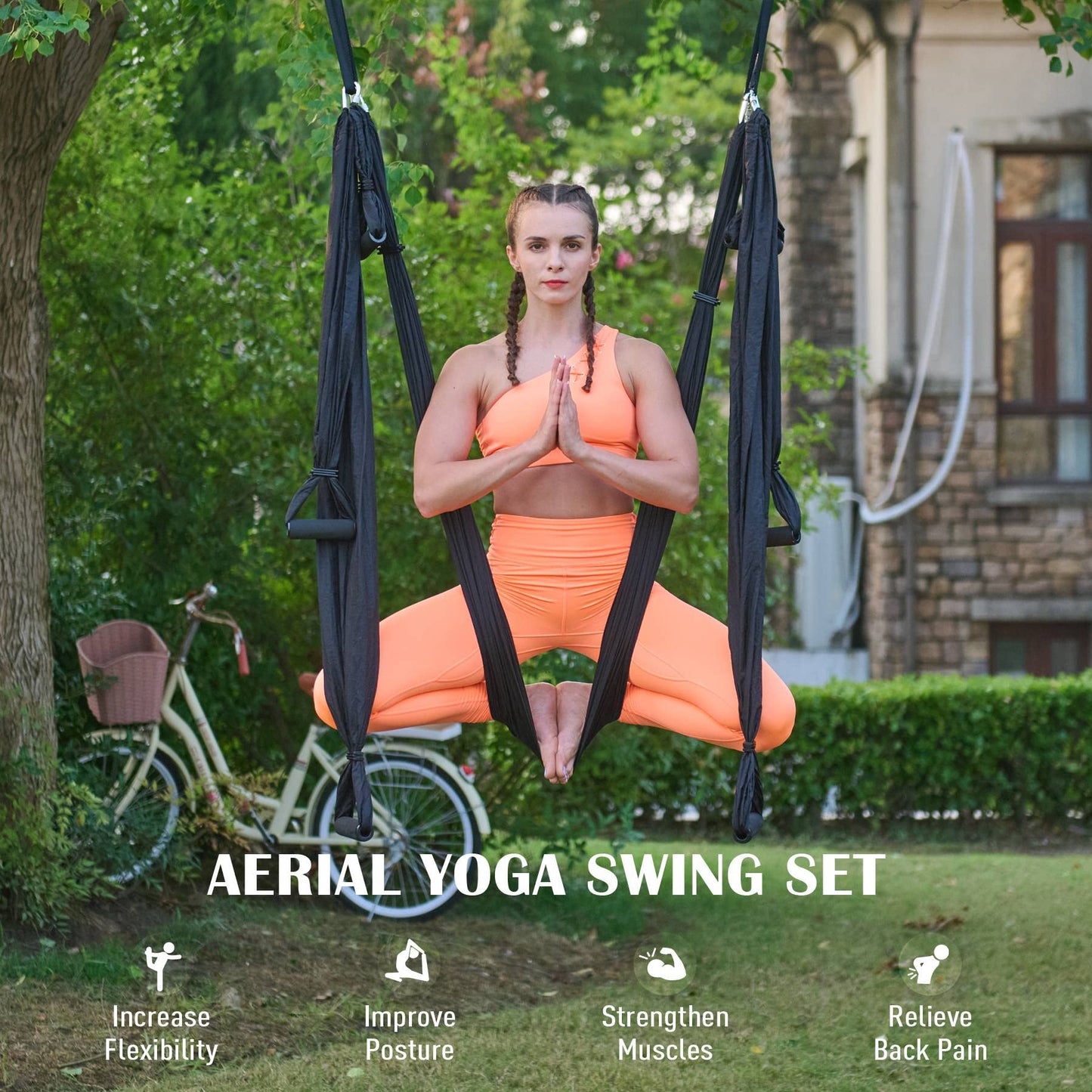 CO-Z Aerial Yoga Swing Hammock | Trapeze Set with Ceiling and Door Mounts, Hanging Straps, Hanging Kits | Silk Bodyfly Yoga Inversion Swing | Air Flying Swing for Aerial Exercise, Black