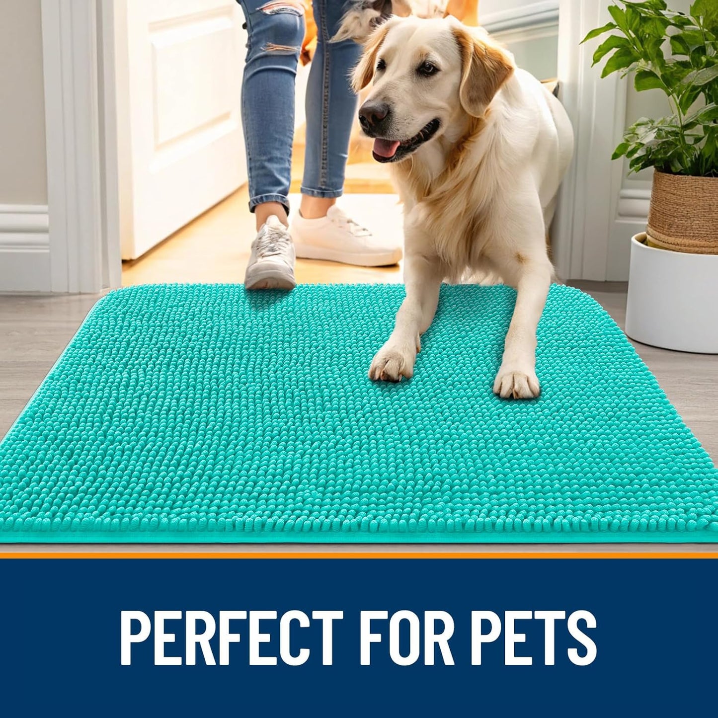 OLANLY Dog Door Mat - Absorbent Non-Slip Chenille for Muddy Paws | 47x17 Inches, Quick Dry, Teal