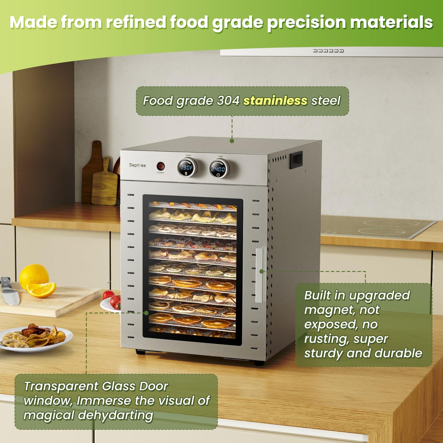 Food Dehydrators Machine with 12 Stainless Steel Trays with Timer Setting Temperature Adjusted 68 ℉ to 194 ℉ Dryer for Herb Fruit Meat Vegetables Mushroom Beef for Commercial Household Dark Black