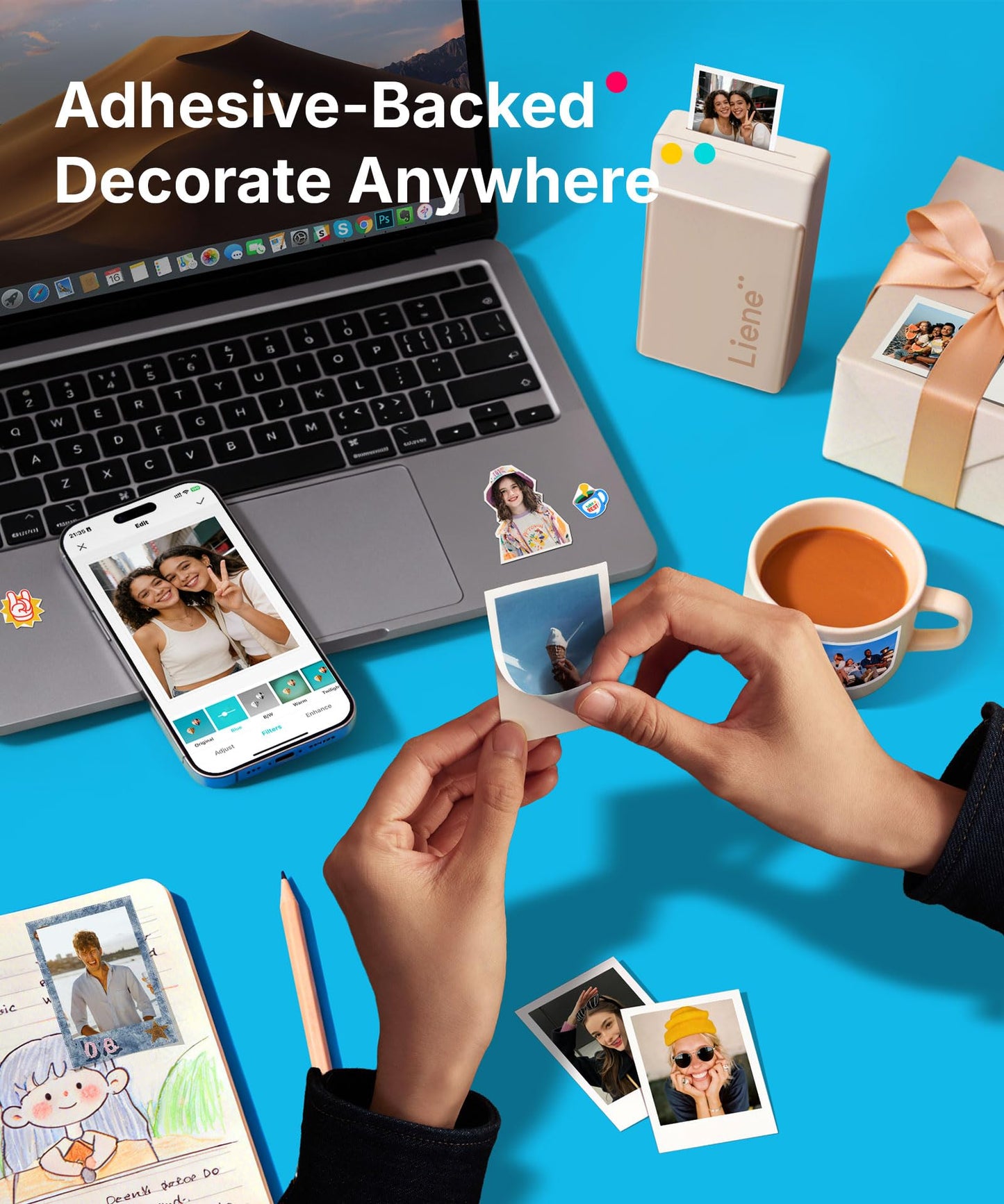 Liene Pearl N200 Pro Portable AI Photo Printer, Instant Mini Picture Printer for iPhone Smartphone, Thermal Dye Sublimation, Bluetooth Sticker Maker 50 Sheets 2x3 Adhesive Paper & 5 Cartridges, Gold