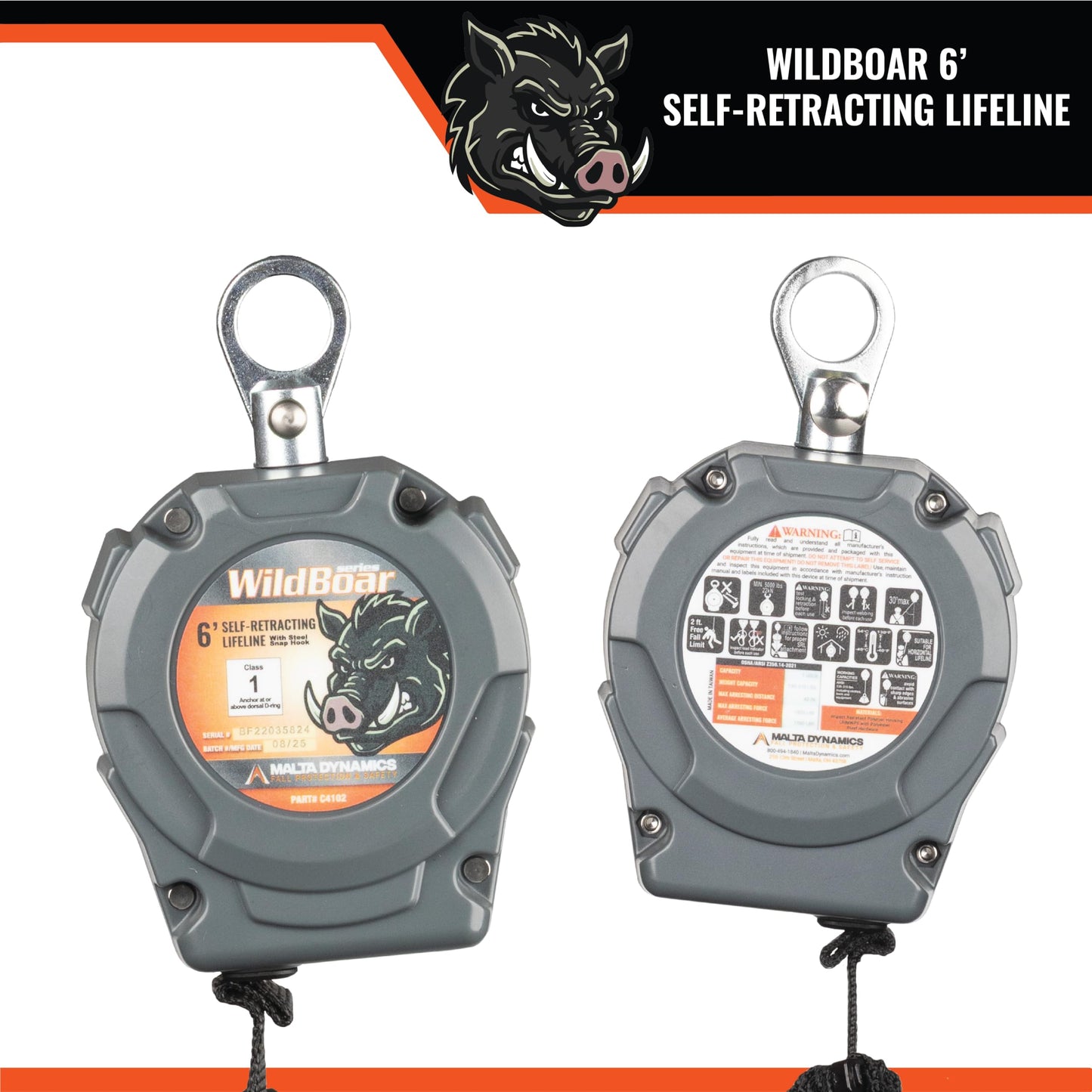Malta Dynamics Wild Boar 6’ Single Self Retracting Lifeline – SRL Fall Protection Lanyard with Steel Snap Hook for Construction Site Safety, OSHA and ANSI Compliant