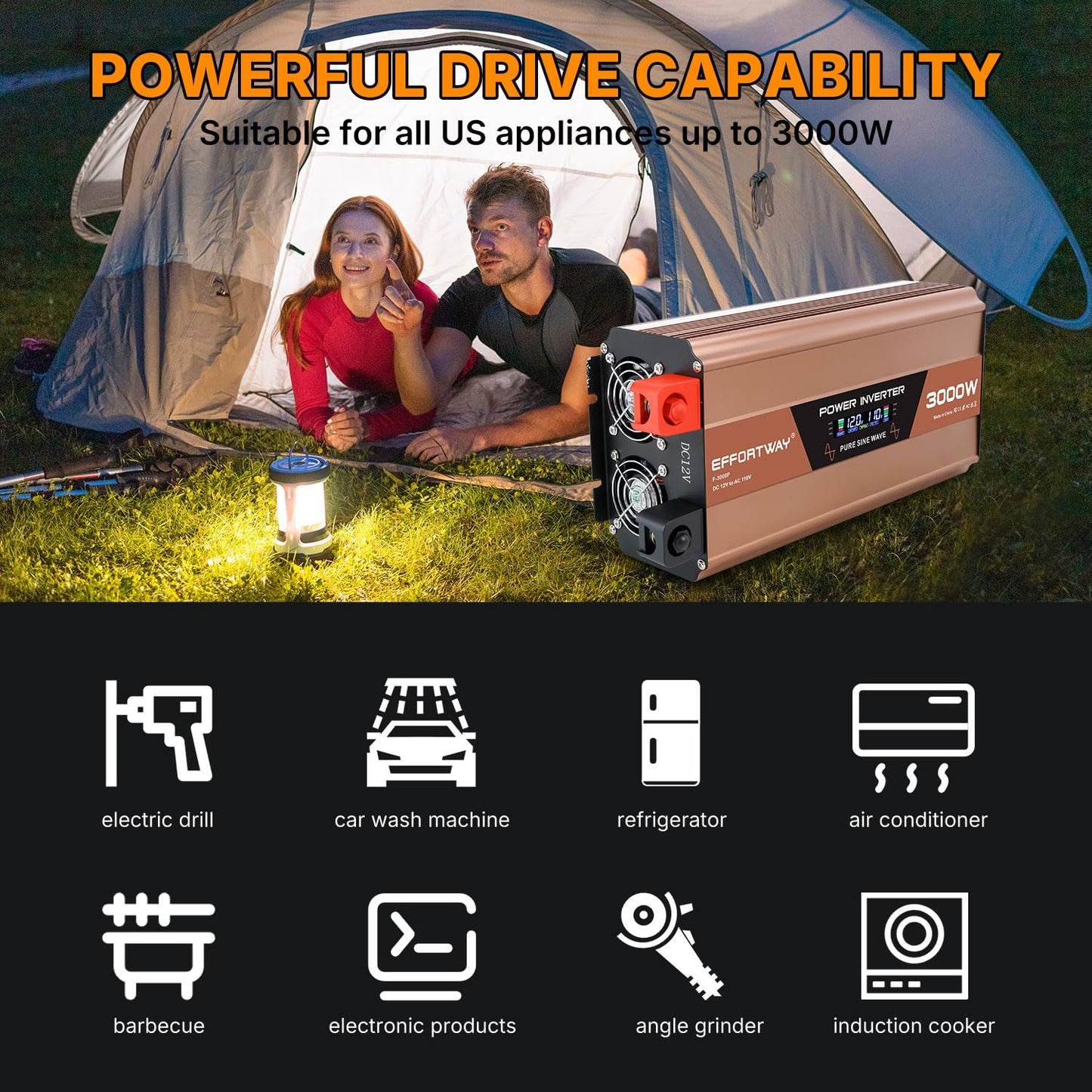 EFFORTWAY 3000W Pure Sine Wave Inverter, Inverter 12V DC to 110V/120V AC for RV, Outdoor, Home, Off-Grid, Inverter with 3 AC Outlet, Dual 20W USB-C, Dual 20W USB-A, Remote Controller