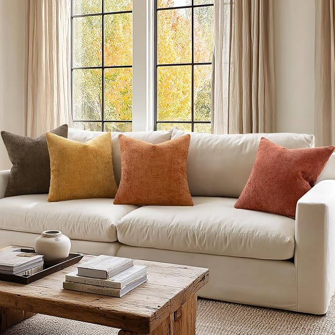 MIULEE Pack of 4 Orange/Yellow Couch Throw Pillow Covers 18x18 Inch Halloween Soft Decorative Chenille Pillows Farmhouse Accent Cushions for Boho Home Decor Spring Sofa Bedroom Living Room