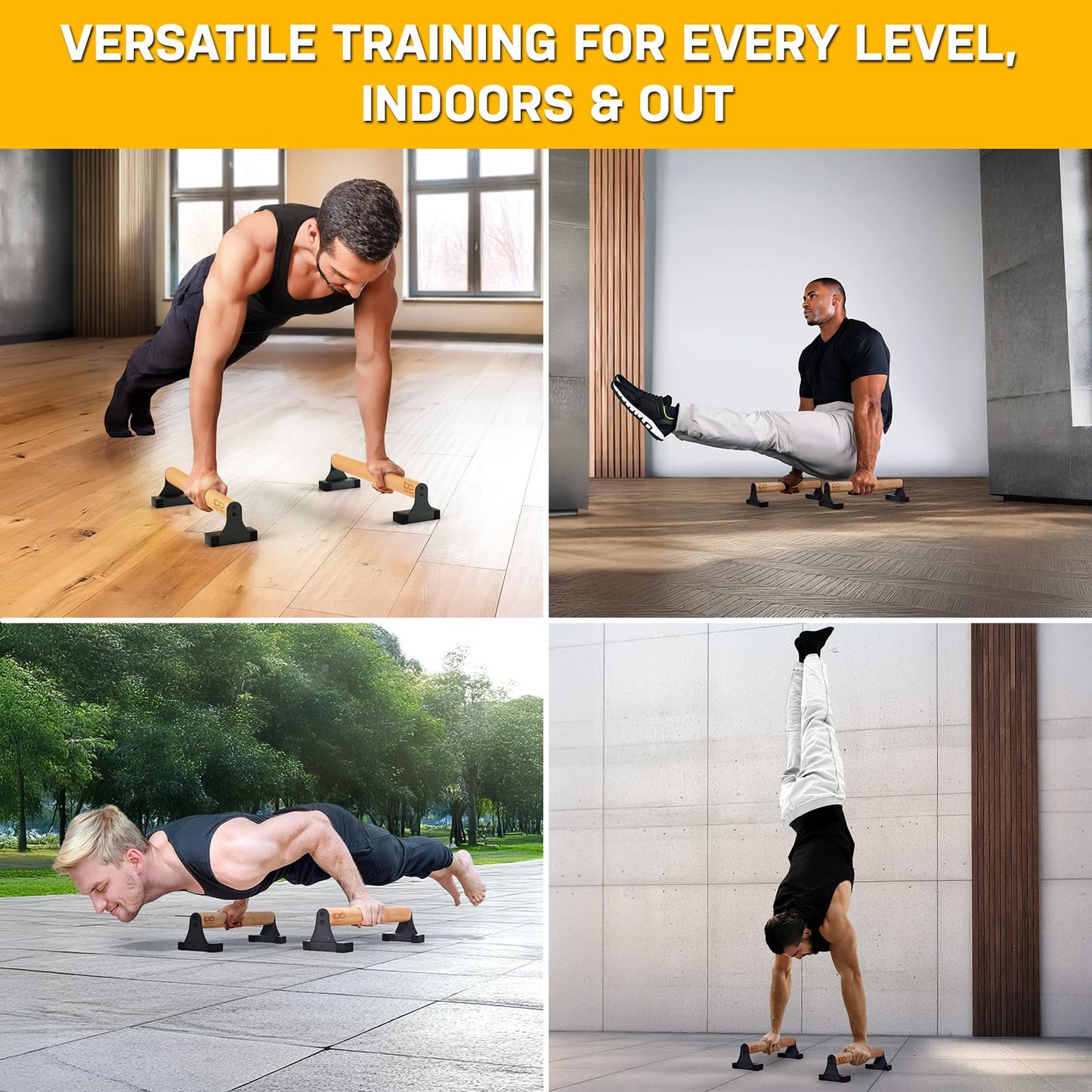 Double Circle Parallettes Push Up Bar with Ergonomic Wooden Handles - Calisthenics Equipment - Non-slip Parallel Bars for Strength Training and Calisthenics - Pushup Handles Parallettes Bars (17 IN)