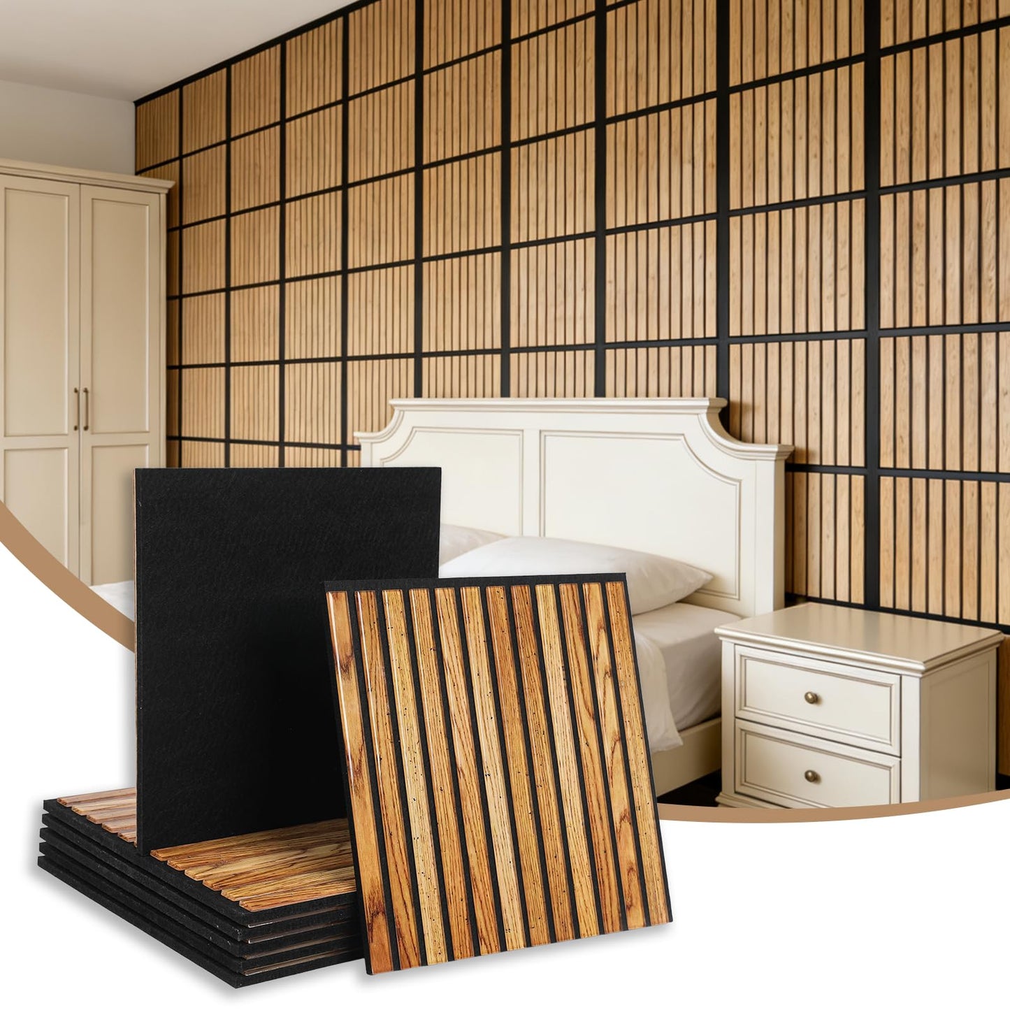 Adedeo Wall Panels 10 Pack 12 x 12 in Glass Strip Acoustic Panels for Wall and Ceiling - 3D Fluted Sound Absorbing Panel with Glass Finish - Dark Teak