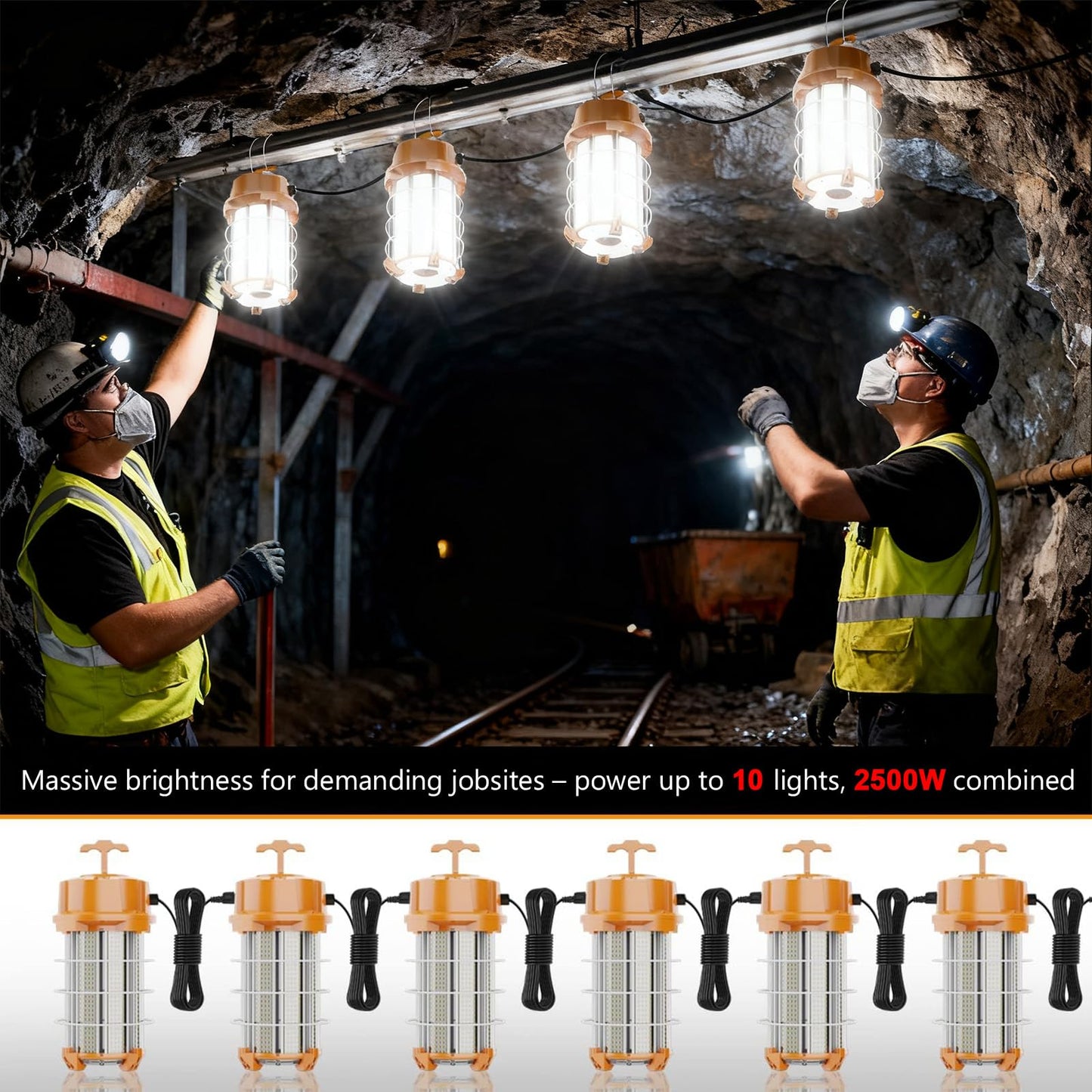 250W LED Temporary Work Light 37,500 Lumens Construction Lights 5000K Portable Linkable IP65 High Lumen Super Bright Durable Job Site Lighting with ON/Off Button for Indoor and Outdoor Area Lighting