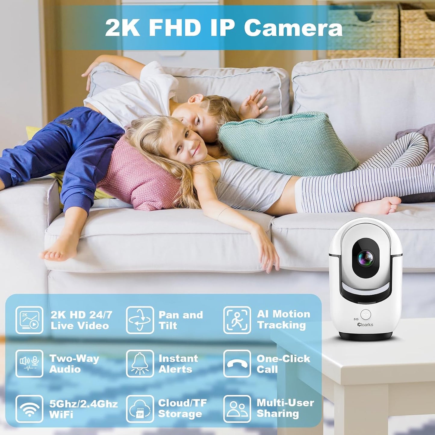 Cloarks 2K 5/2.4 2-Way 24/7, Indoor Camera, GHz WiFi Pan/Tilt Security Camera with AI Motion Detection, One-Click Call