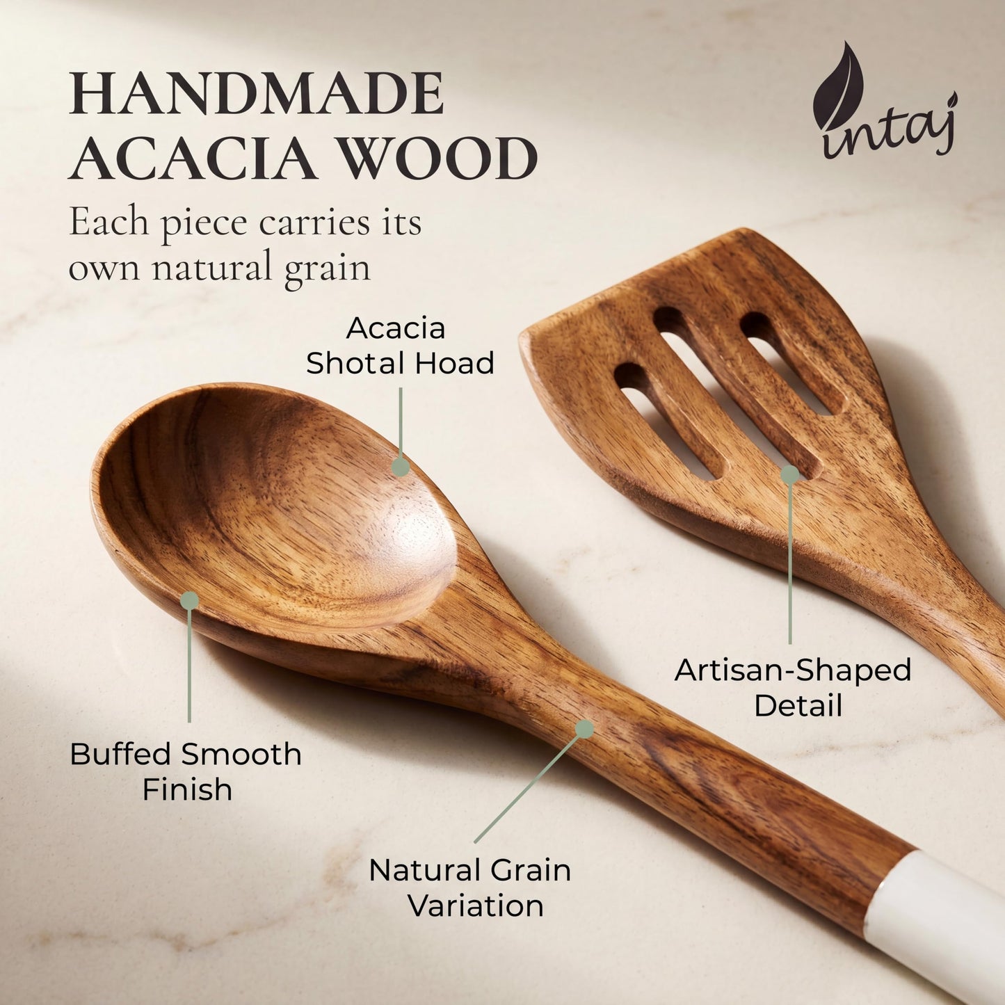 INTAJ Wood Kitchen Utensil Set – Handmade Wooden Spoons & Spatula for Cooking and Serving 5-Piece Acacia – Durable, Smooth Surface & Gentle on Cookware – Easy to Clean Kitchen Tools