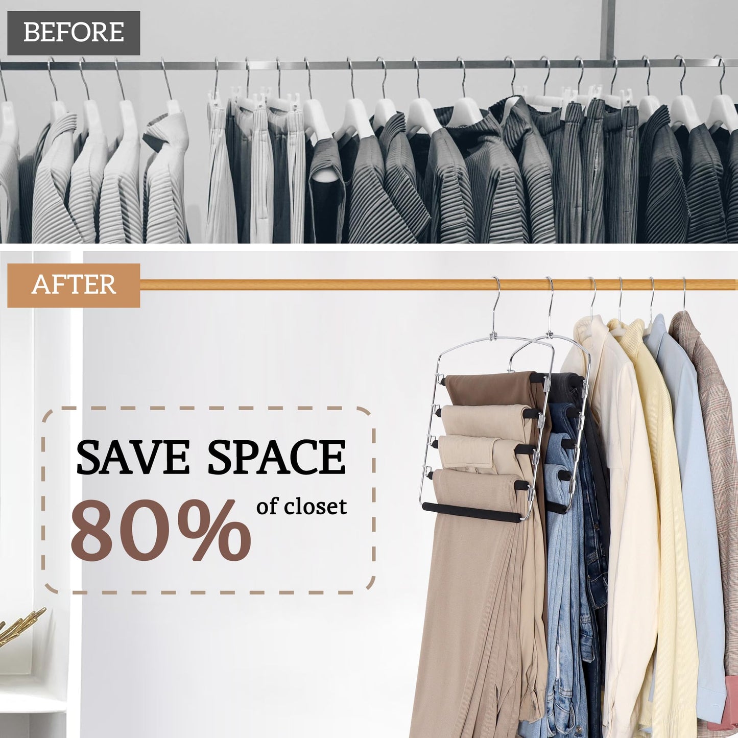 SINDAX Pants Hangers Space Saving - 6Pack, 5 Layers Space Saving Hangers, Sturdy Stainless Steel Pant Rack with Anti-Slip Swing Arm, Closet Organizers and Storage for Trousers Jeans