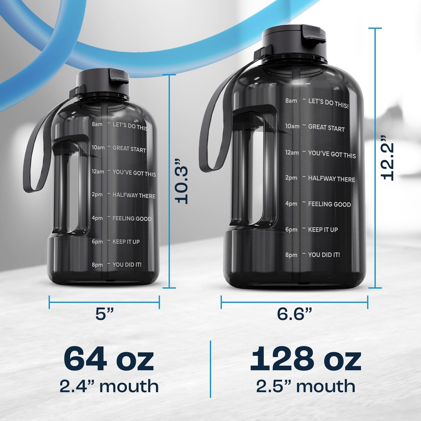 AQUAFIT 128 oz Water Bottle with Time Marker - Straw & Chug Lid - BPA Free 1 Gallon Gym Water Bottle with Handle - Big Gallon Jug (Gray, 128 Ounces)