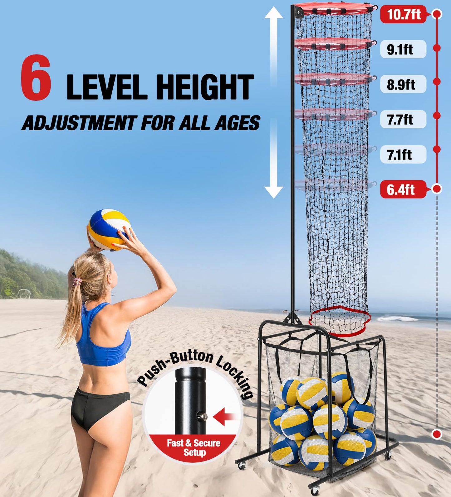 ZEALFEEL Volleyball Setter Training Net 6 Height & 5 Angle Adjustments, Volleyball Setter Training Equipment with Target Cloth Collection Bag 4 Wheels & Sandbag, Setting Trainer for Indoor Outdoor