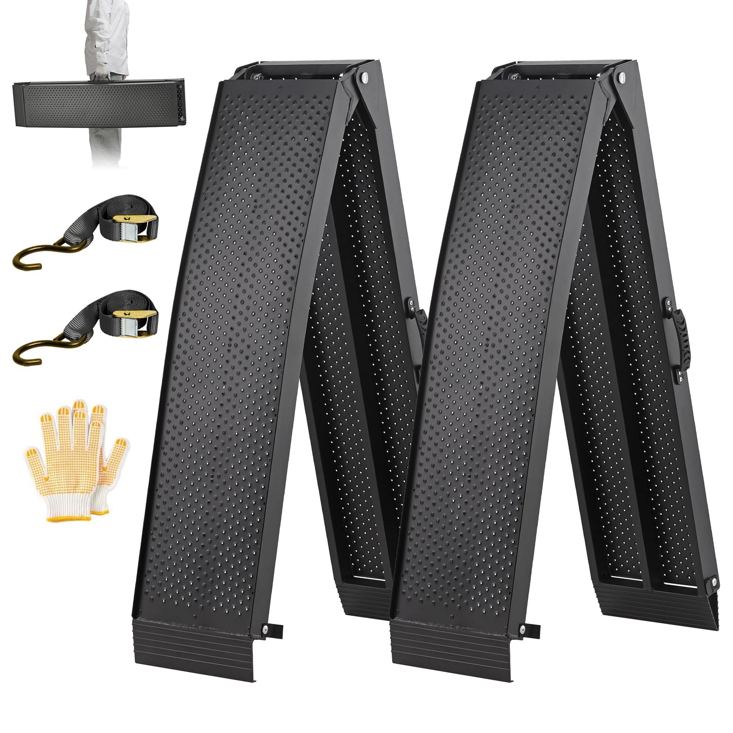 Aluminum Truck Ramps for ATV, UTV, Lawn Mower, Pickup Trucks - 1500LB Capacity 7.5FT Heavy Duty Loading Ramps with Handle & Buckle, Black, 2PCS