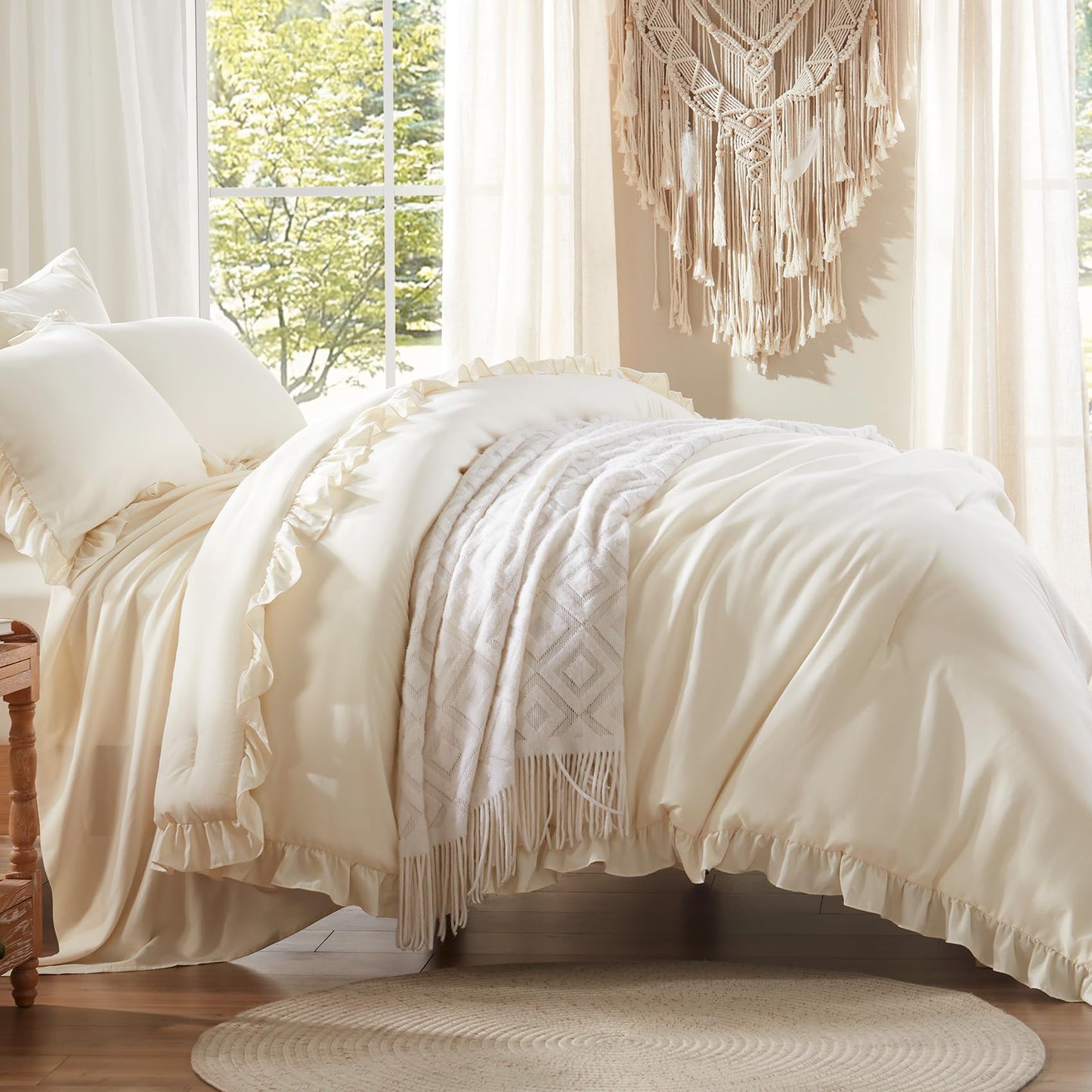 Anluoer King Comforter Set 7 Piece, Cream Bed in a Bag with Sheets, All Season Ruffle Shabby Chic Bedding Sets with 1 Comforter, 2 Pillow Shams, 2 Pillowcases, 1 Flat Sheet, 1 Fitted Sheet
