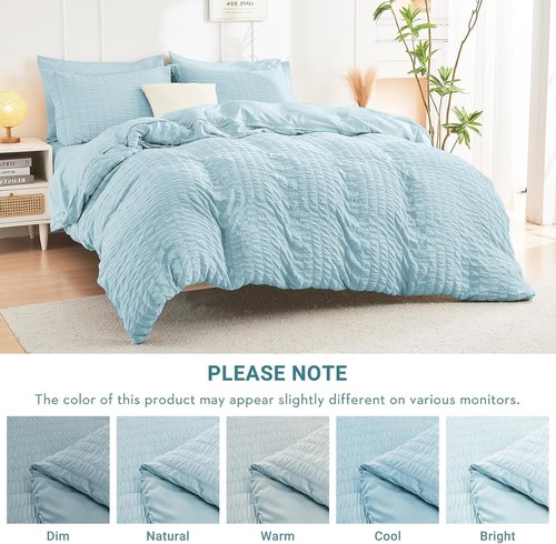 HYMOKEGE Comforter Set - Luxury 7-Piece Bedding in Lake Blue | All-Season Seersucker Design